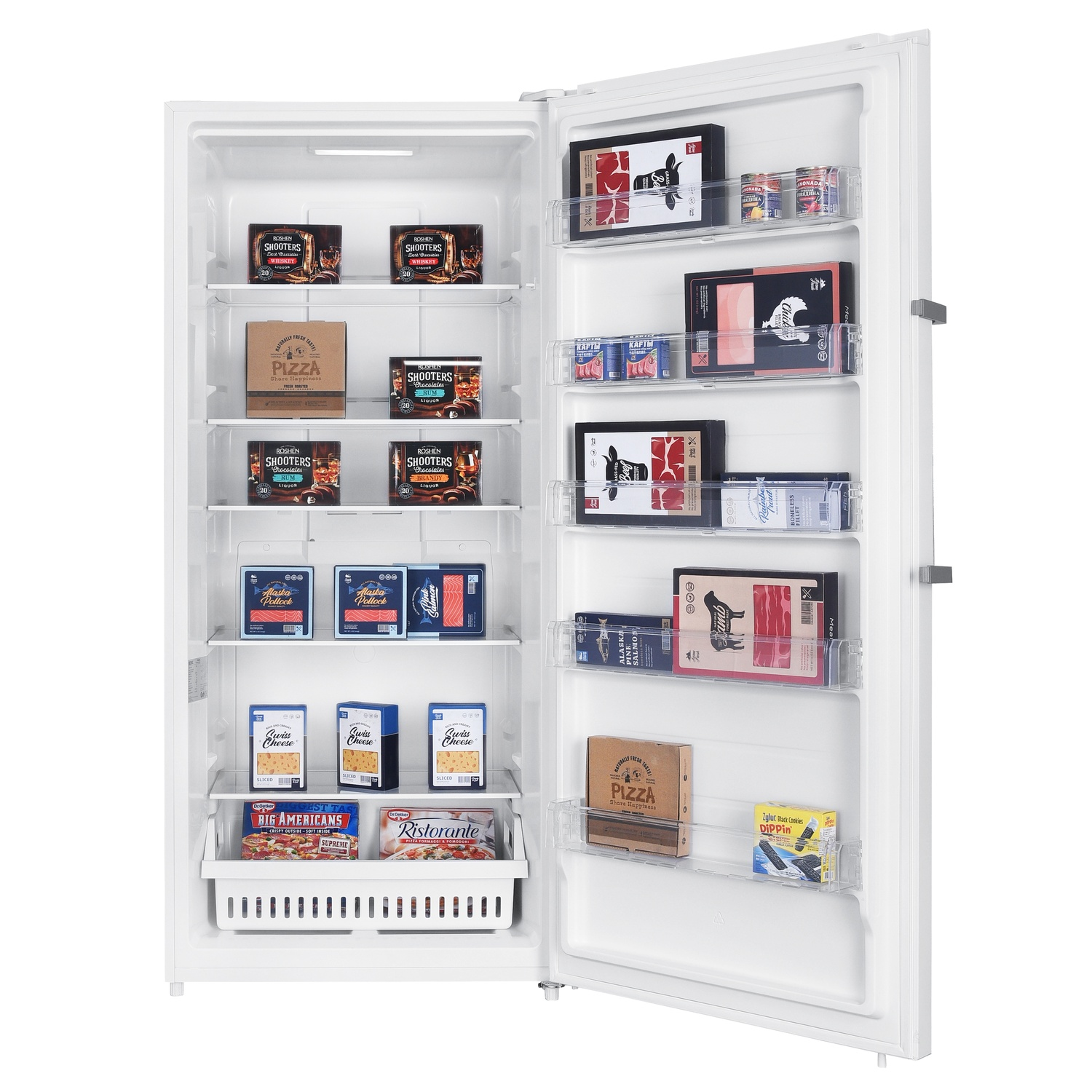 Open white upright freezer filled with frozen food products on shelves, door open.