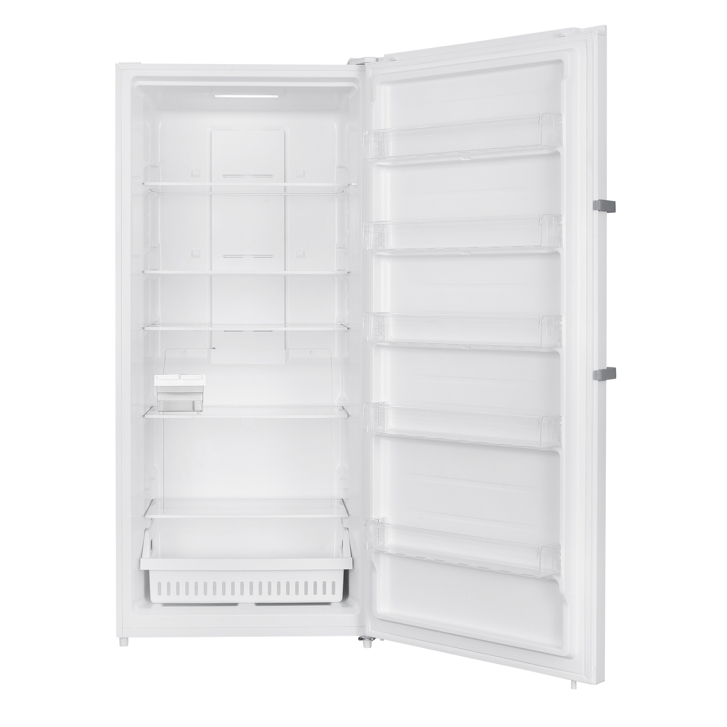 White refrigerator with the door open, showing shelves and a drawer.