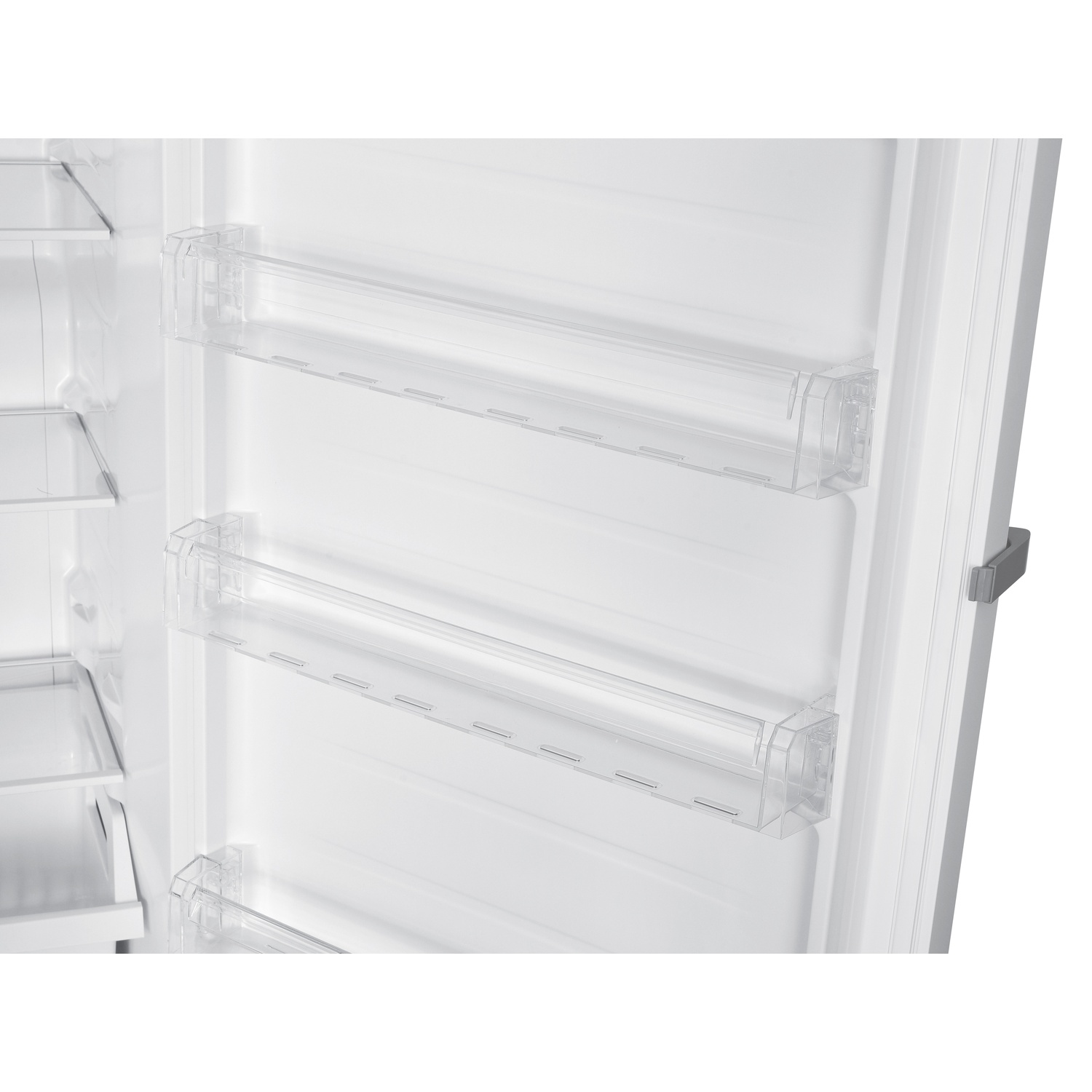 Inside of a white refrigerator with shelves and transparent containers.