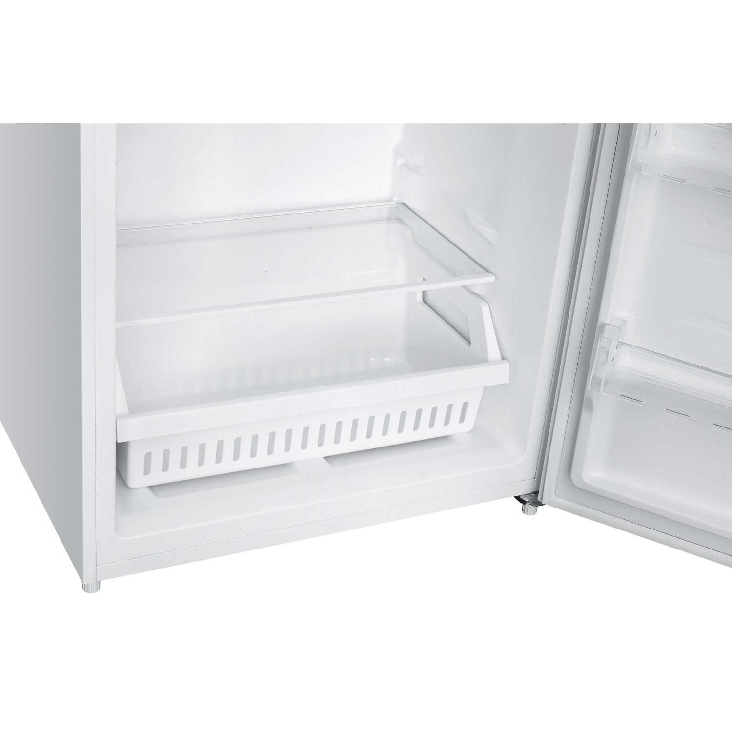 White refrigerator interior with a shelf and a storage drawer open.