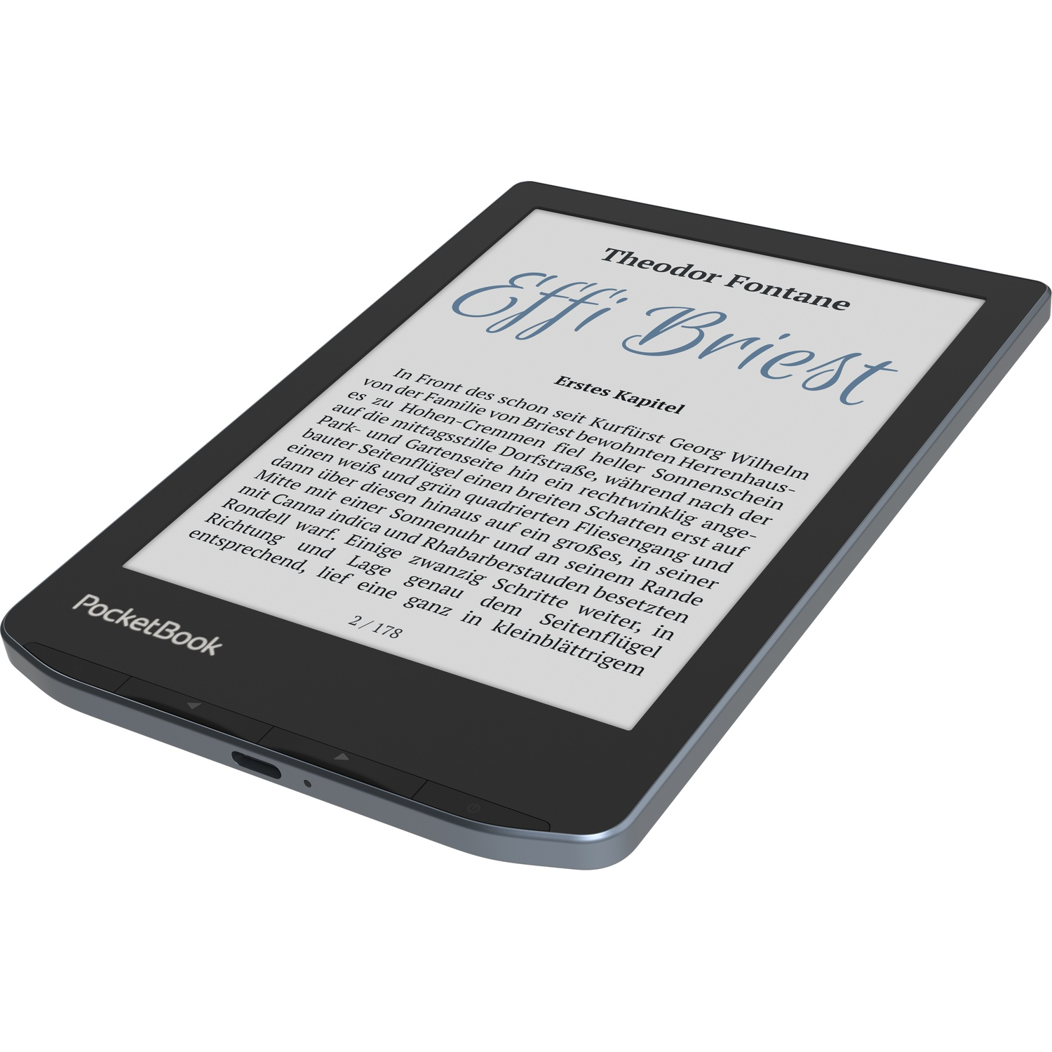An e-reader displaying text. It is black with a silver frame and is angled.