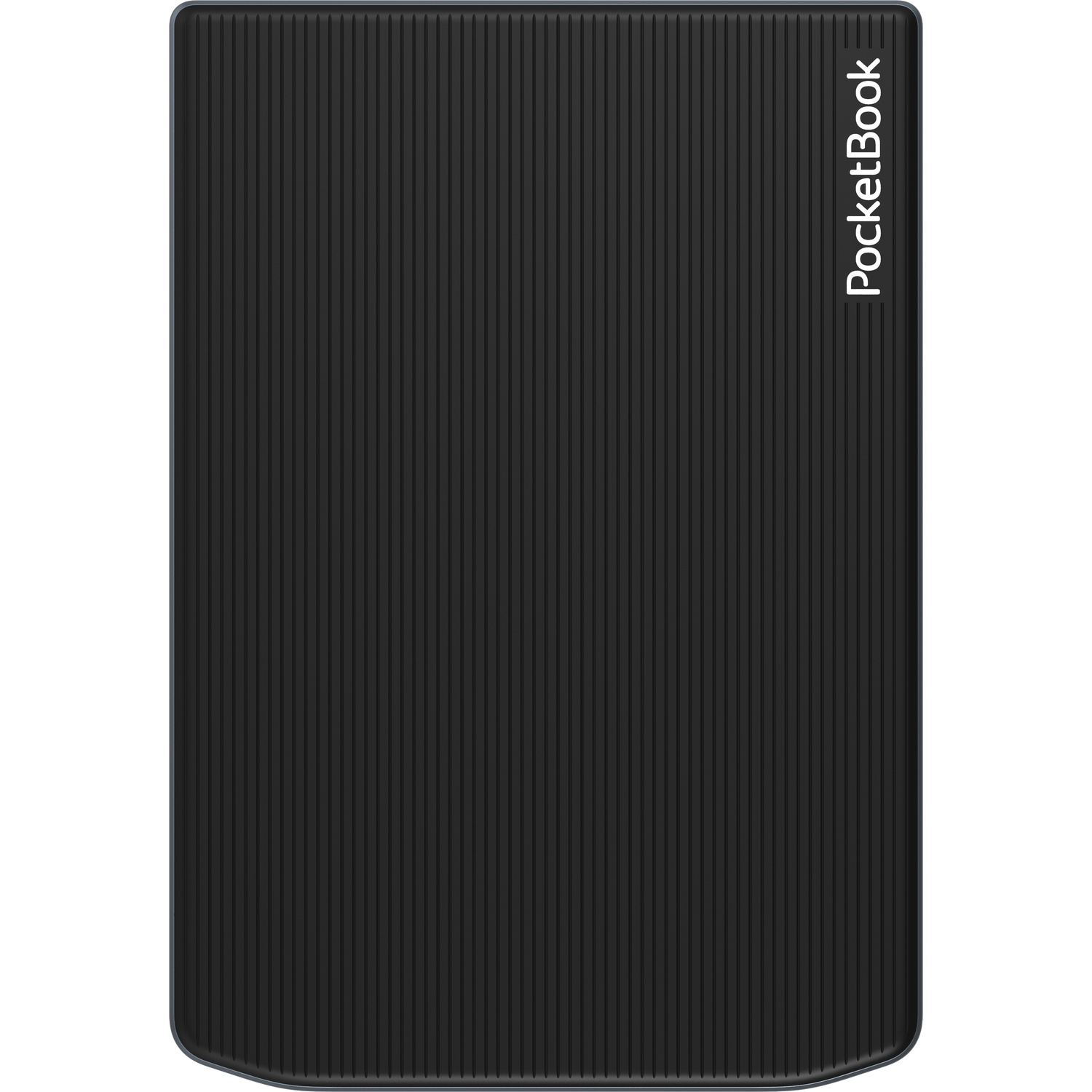 Black PocketBook e-reader, vertical, with vertical lines and the brand name on the right side.