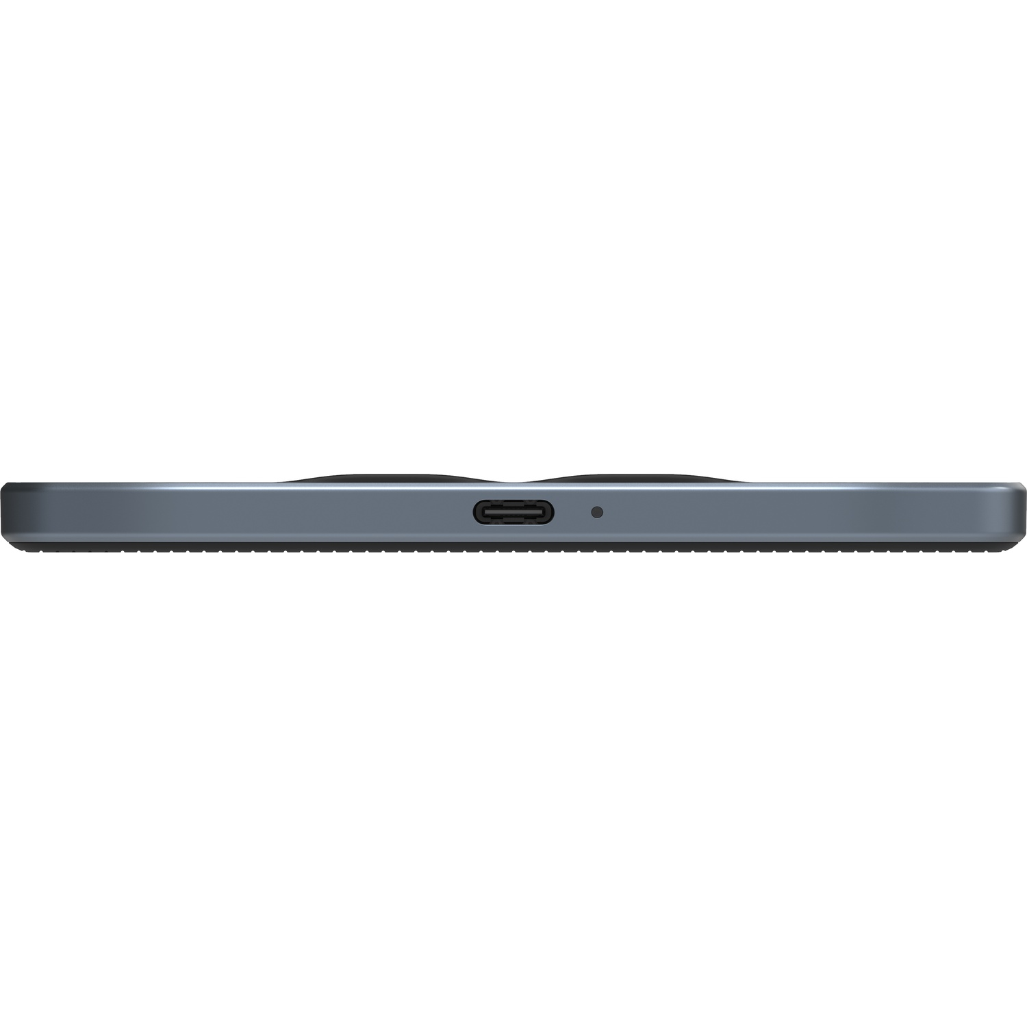 Bottom view of a dark blue smartphone. Shows USB-C port and speaker.