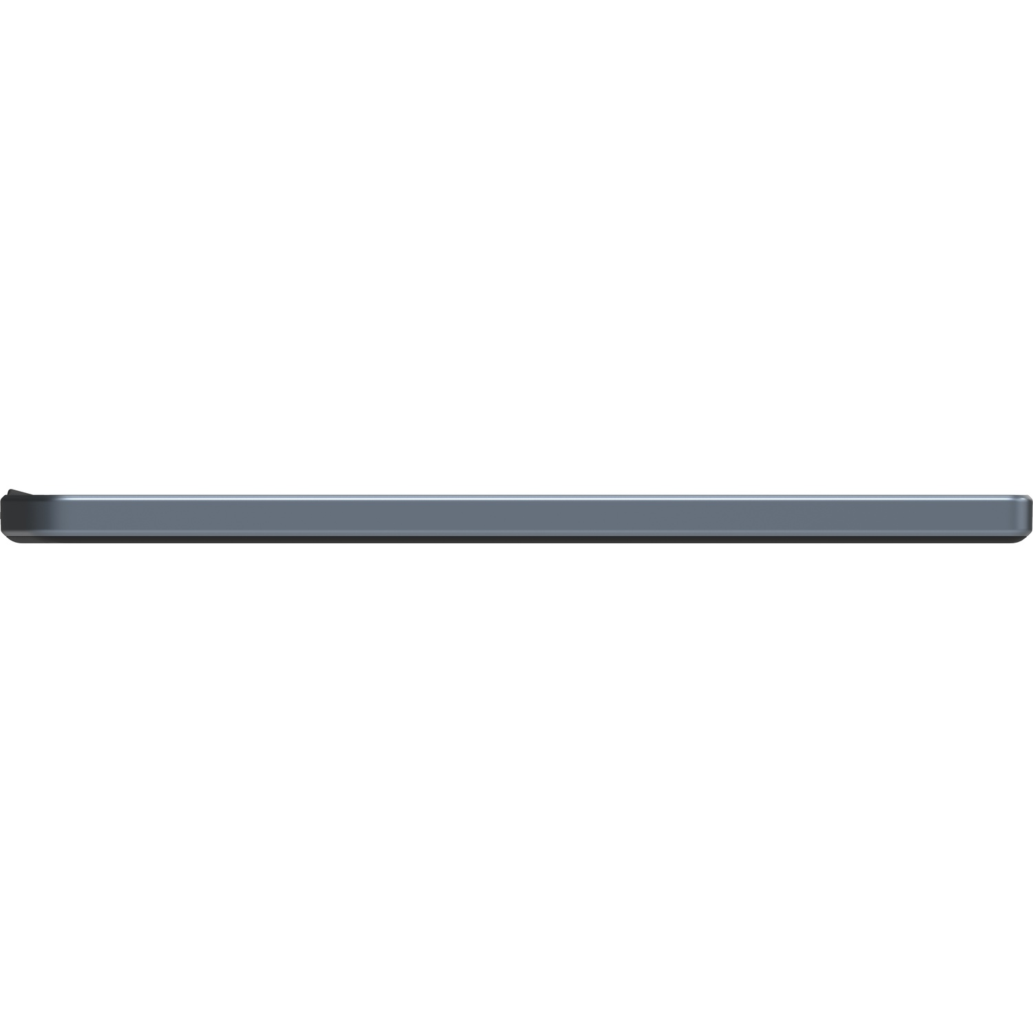 A side view of a slim, silver tablet with a black edge.