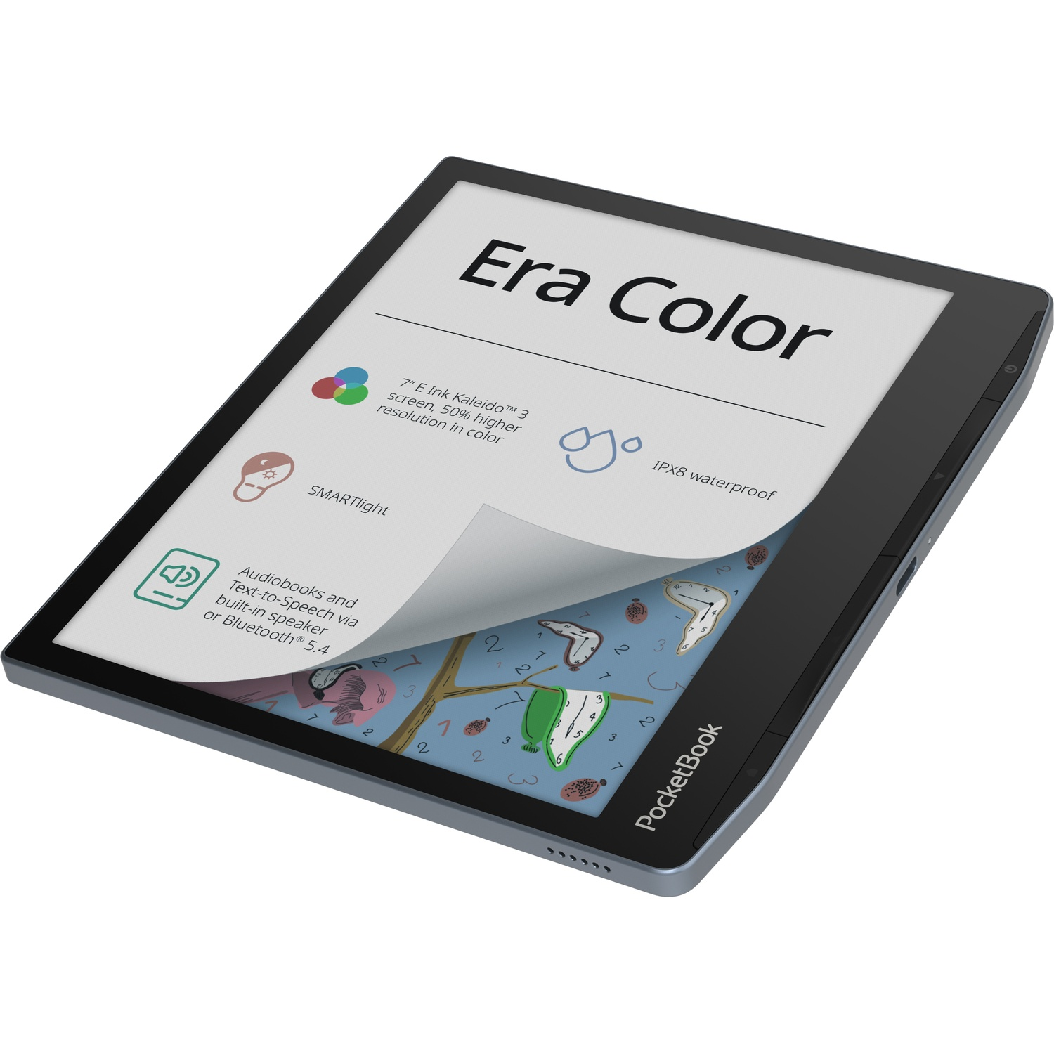 An e-reader showing a screen with text and images. A page is partially peeled back, revealing a pattern.