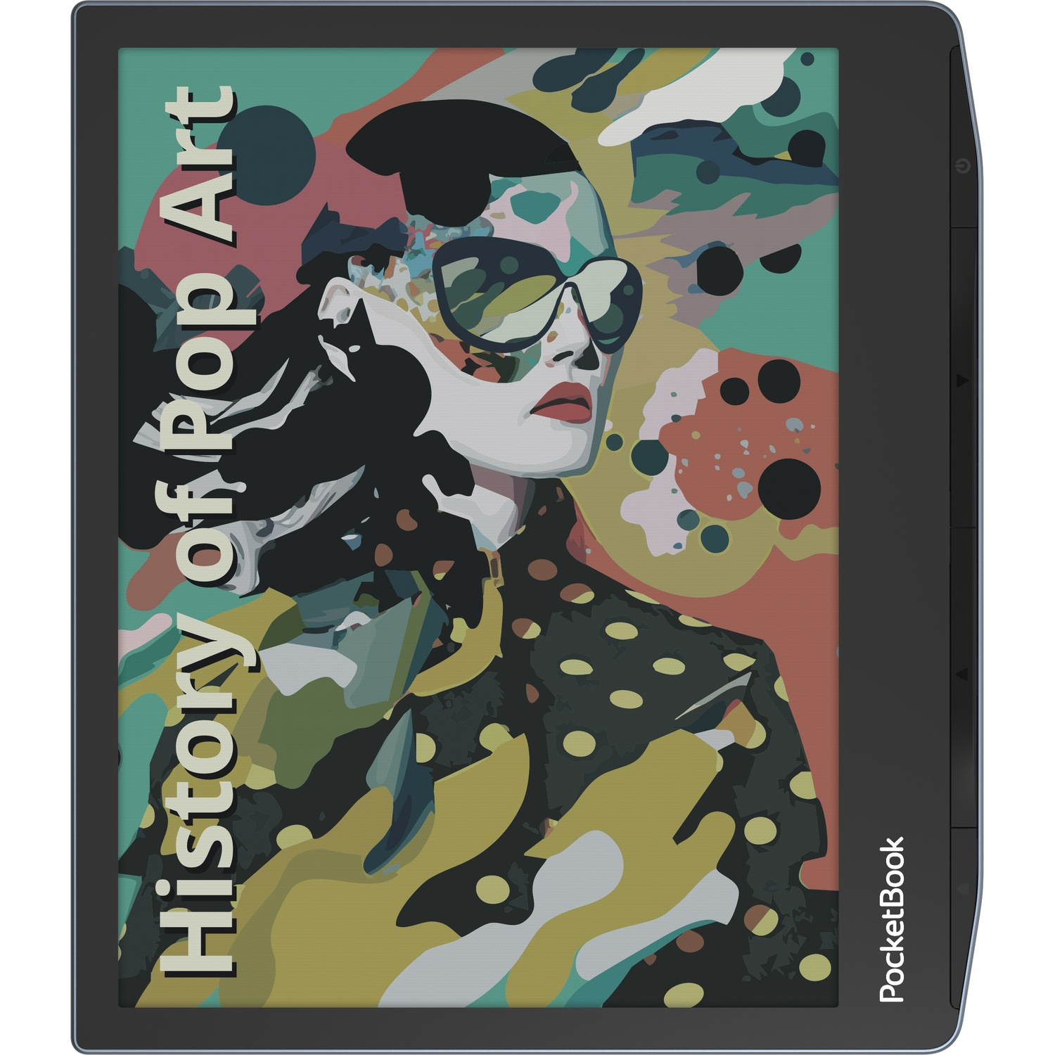 An e-reader displaying text that says "History of Pop Art" and a portrait.