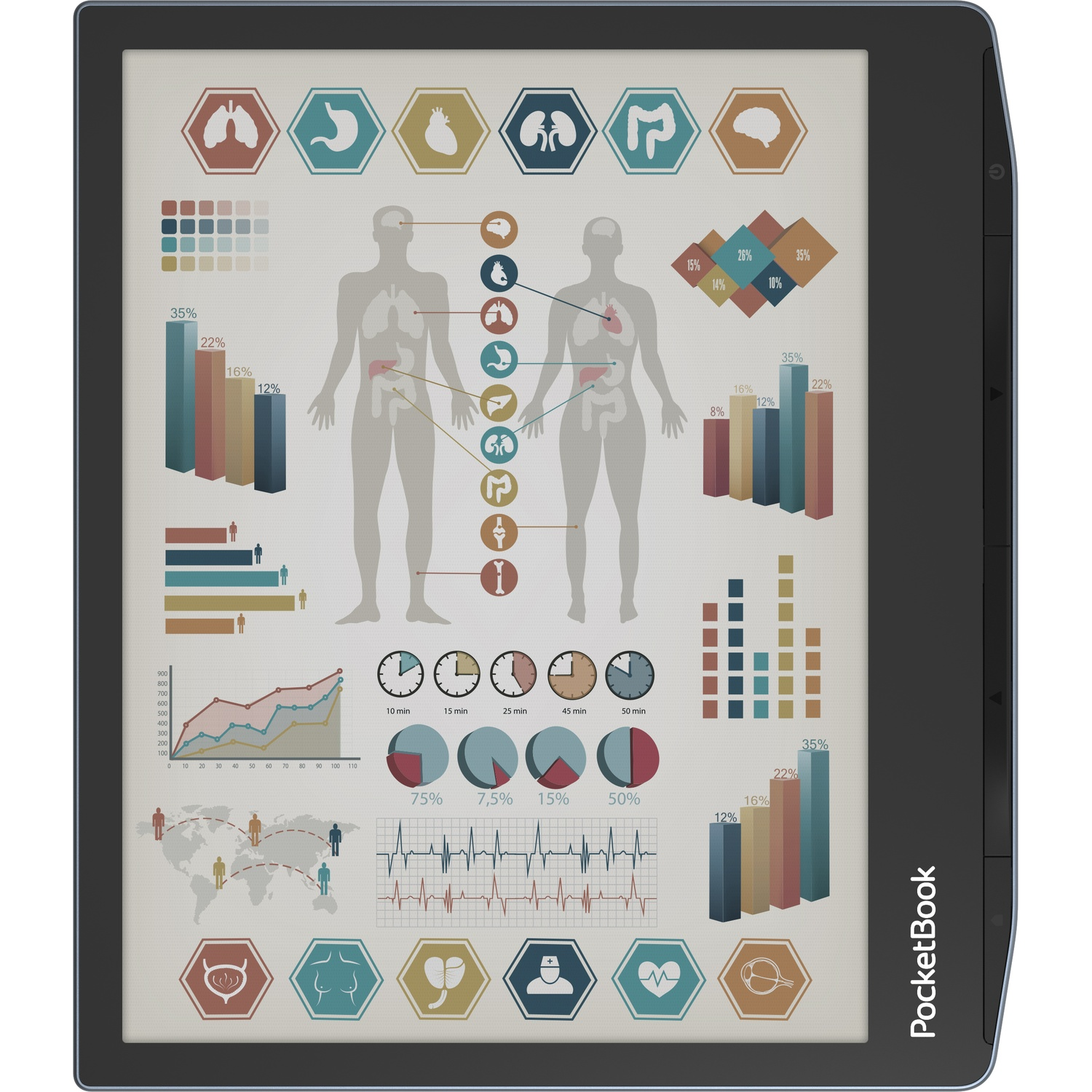 PocketBook e-reader showing an infographic about the human body, organs, and health data.