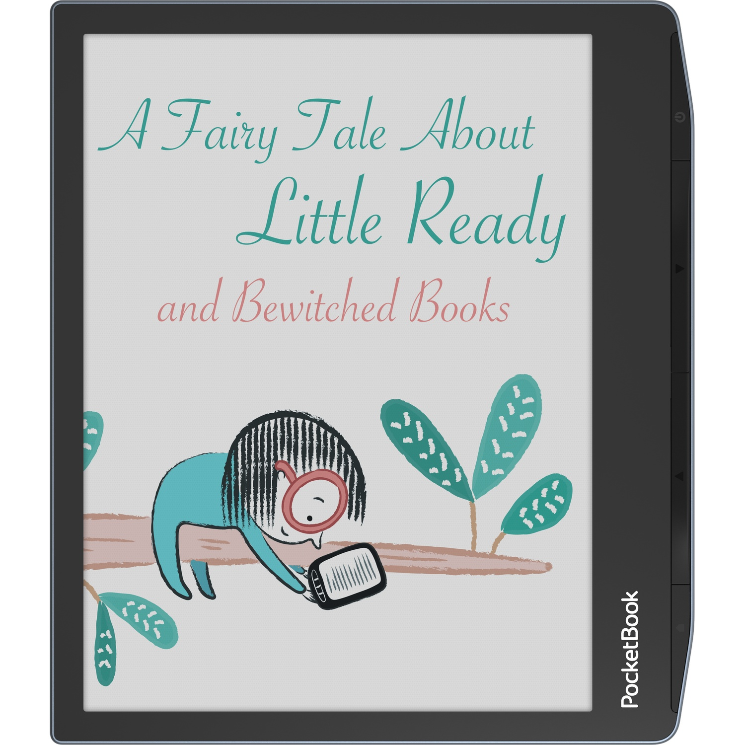 eReader displaying "A Fairy Tale About Little Red and Bewitched Books" with illustration.