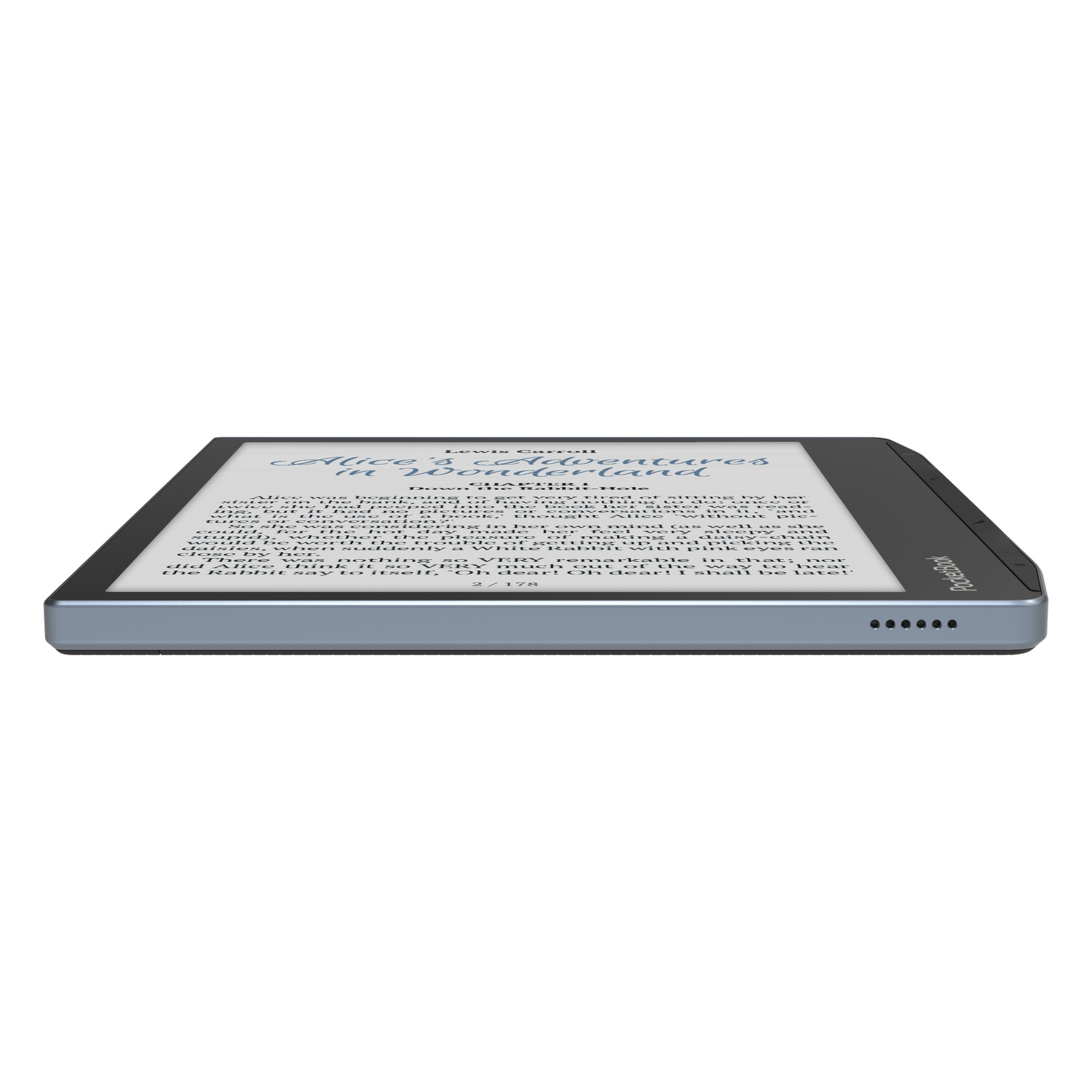 An e-reader displays a book's text at an angle, with the device's side visible.