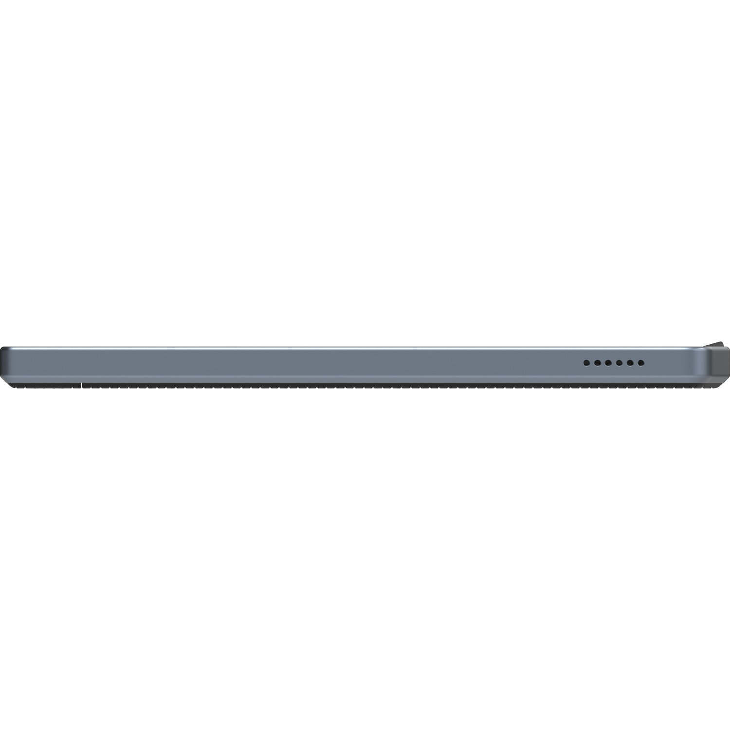 A grey tablet from the side. The top has a line and dots.
