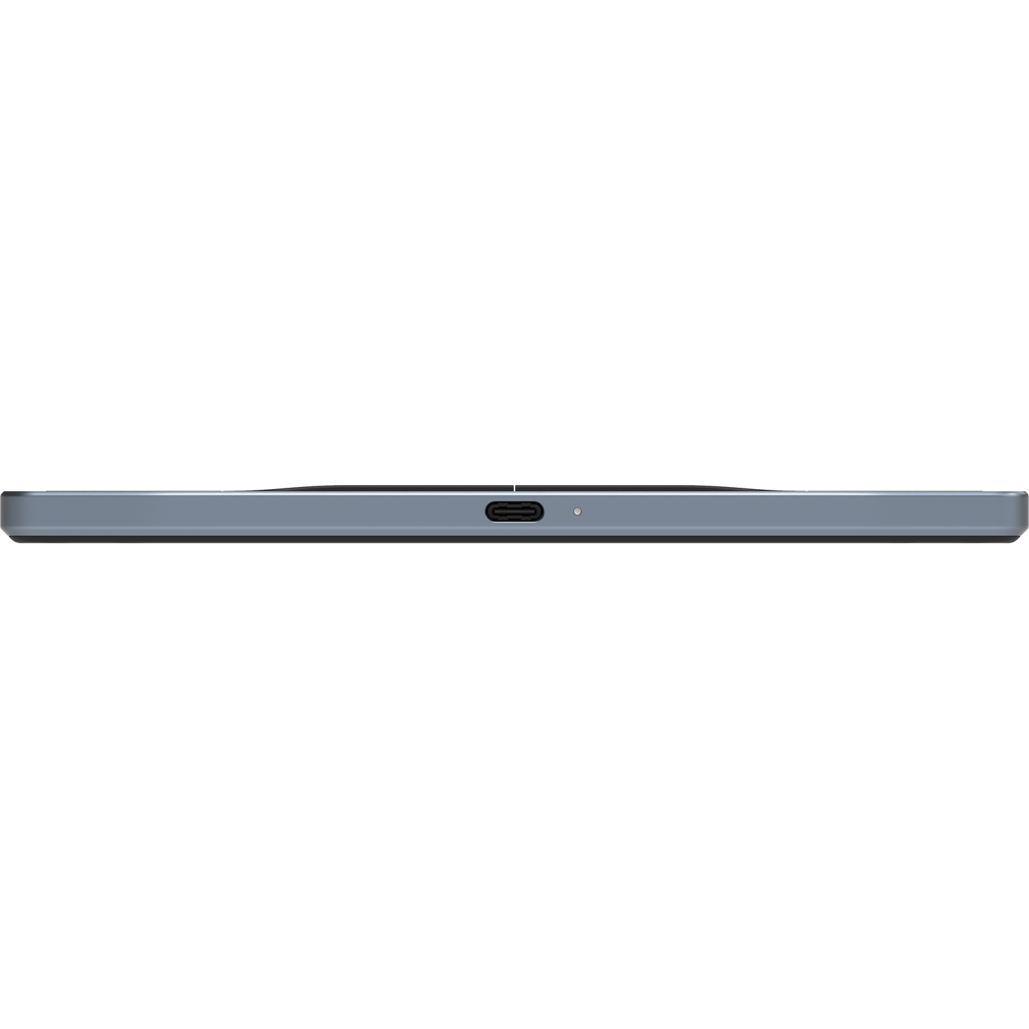 A bottom view of a slim, silver tablet with a charging port.