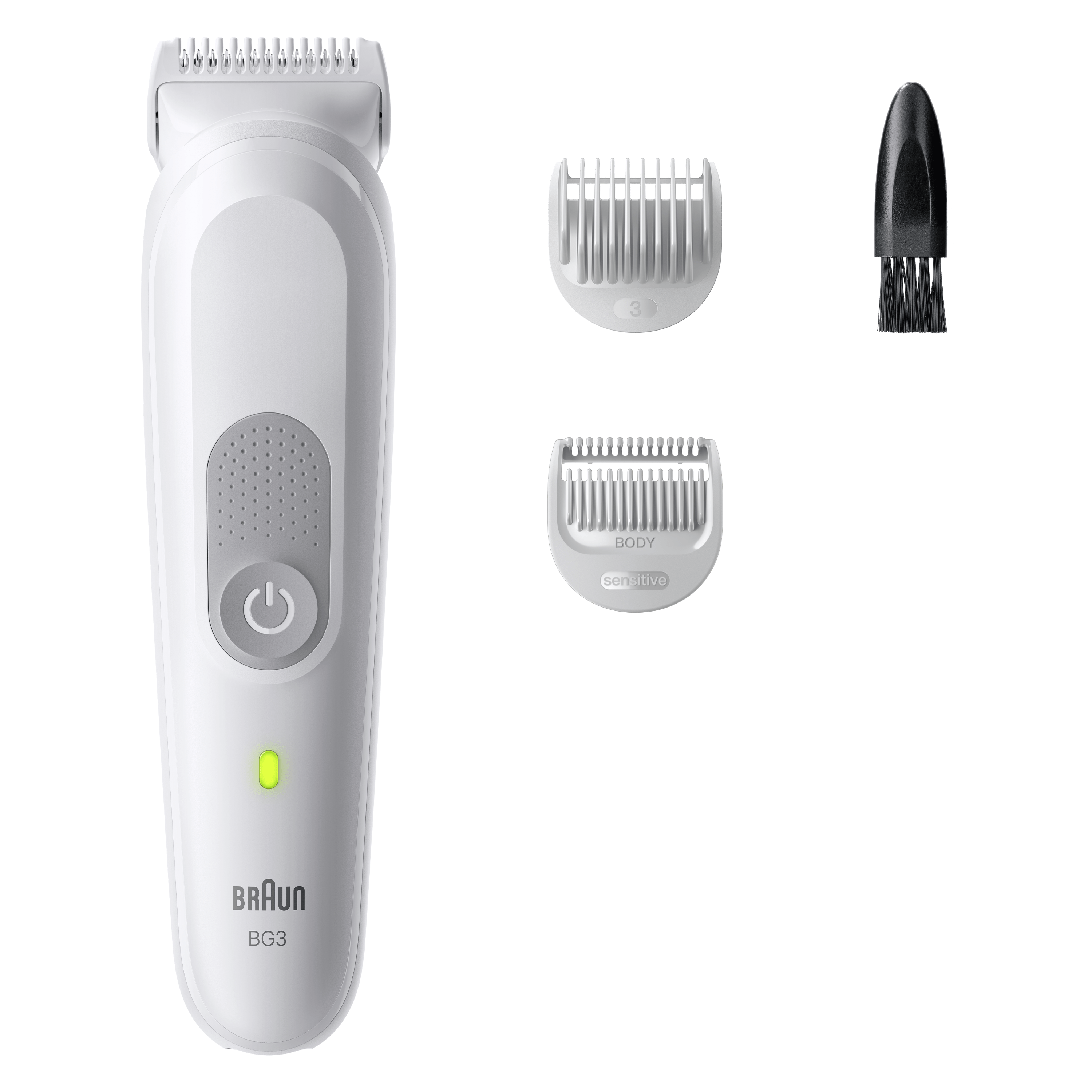 Un recortador Braun BG3 blanco con accesorios.