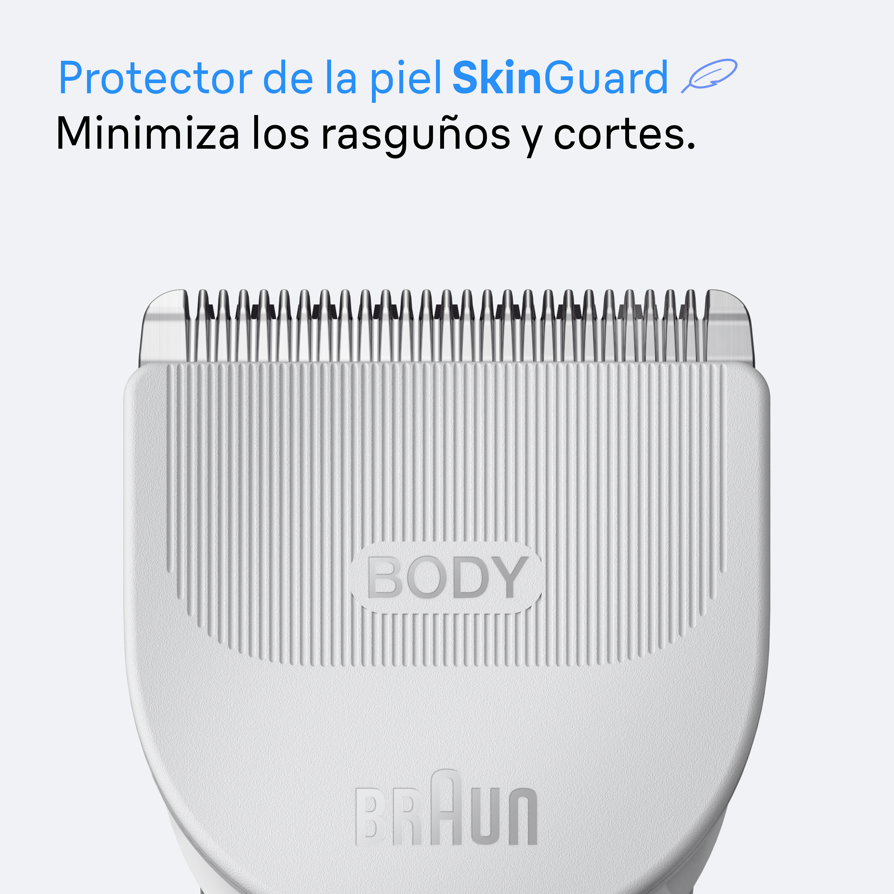 Primer plano de un cabezal de afeitadora blanco con la palabra 'BODY' y la marca 'BRAUN'.