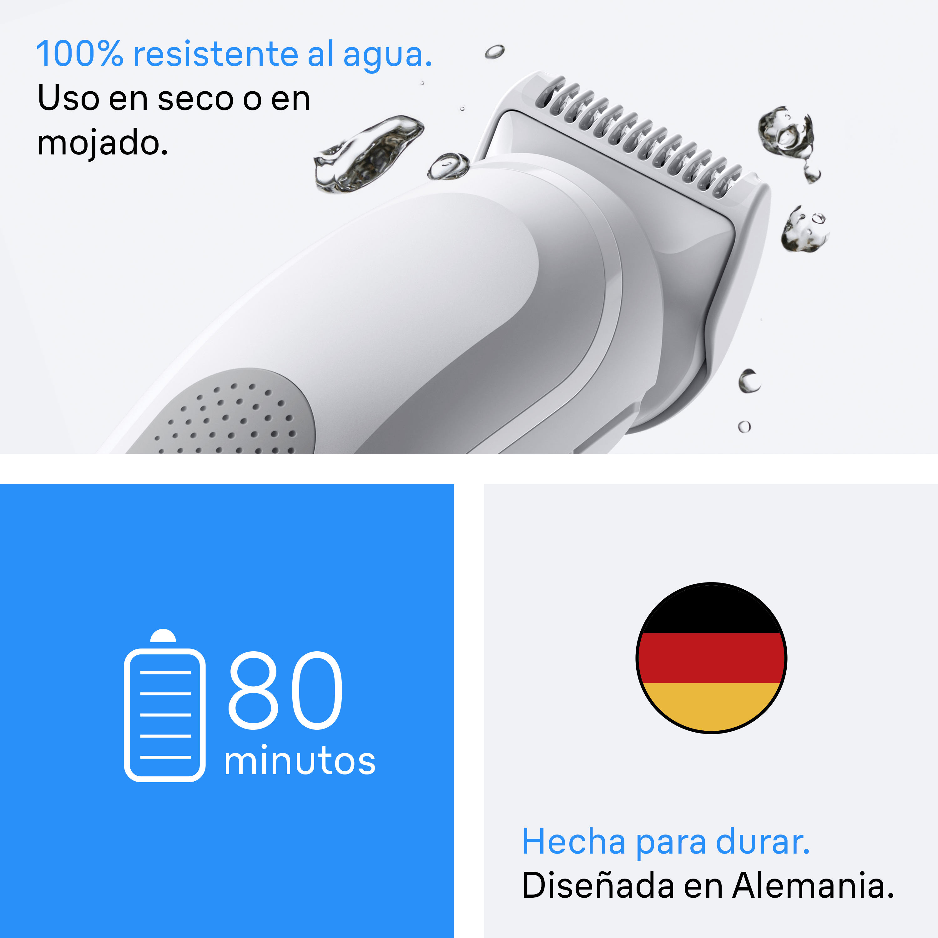Una afeitadora blanca con gotas de agua y texto en español y alemán. Duración de la batería 80 minutos.