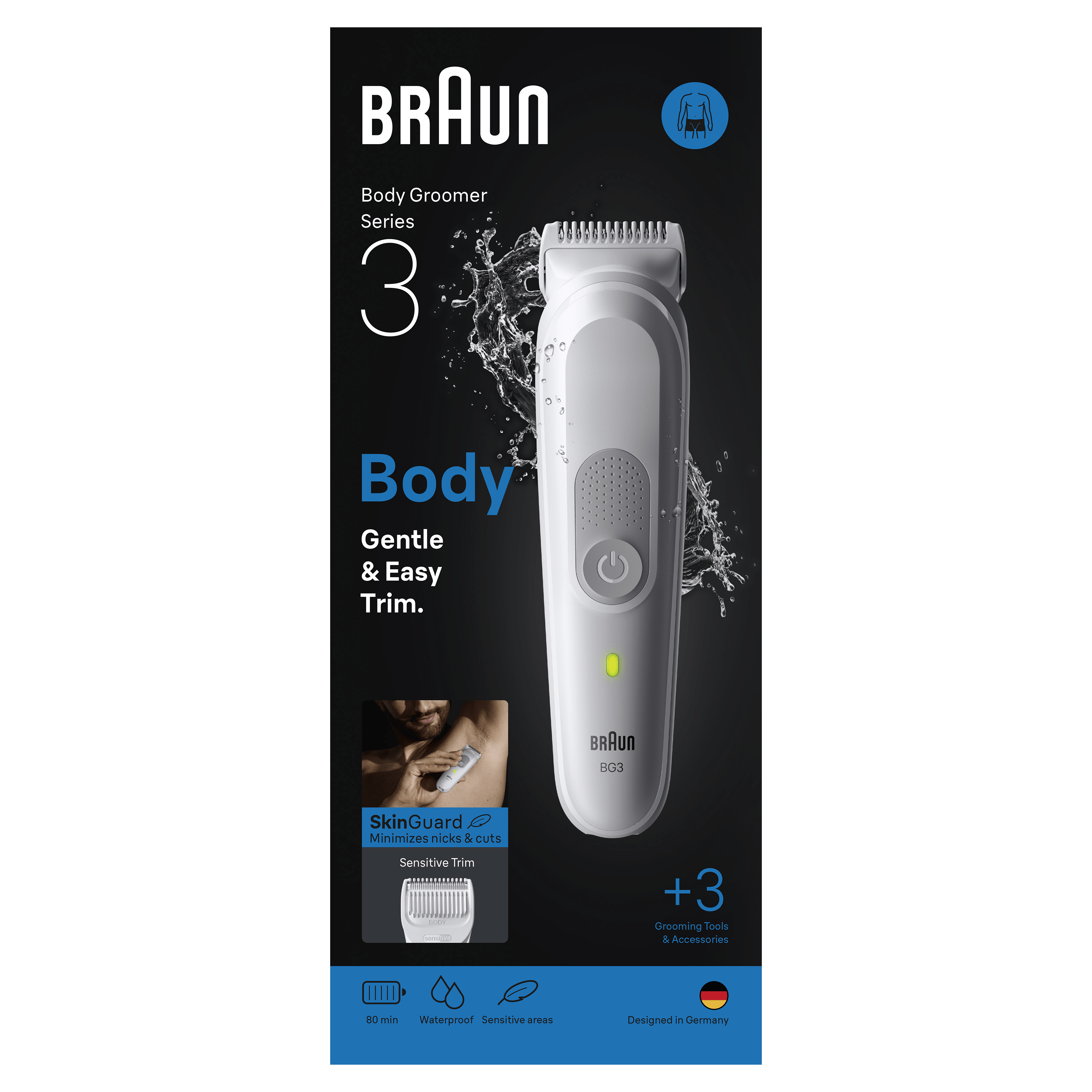 Afeitadora corporal Braun blanca, salpicaduras de agua. Caja con nombre de la marca y detalles.