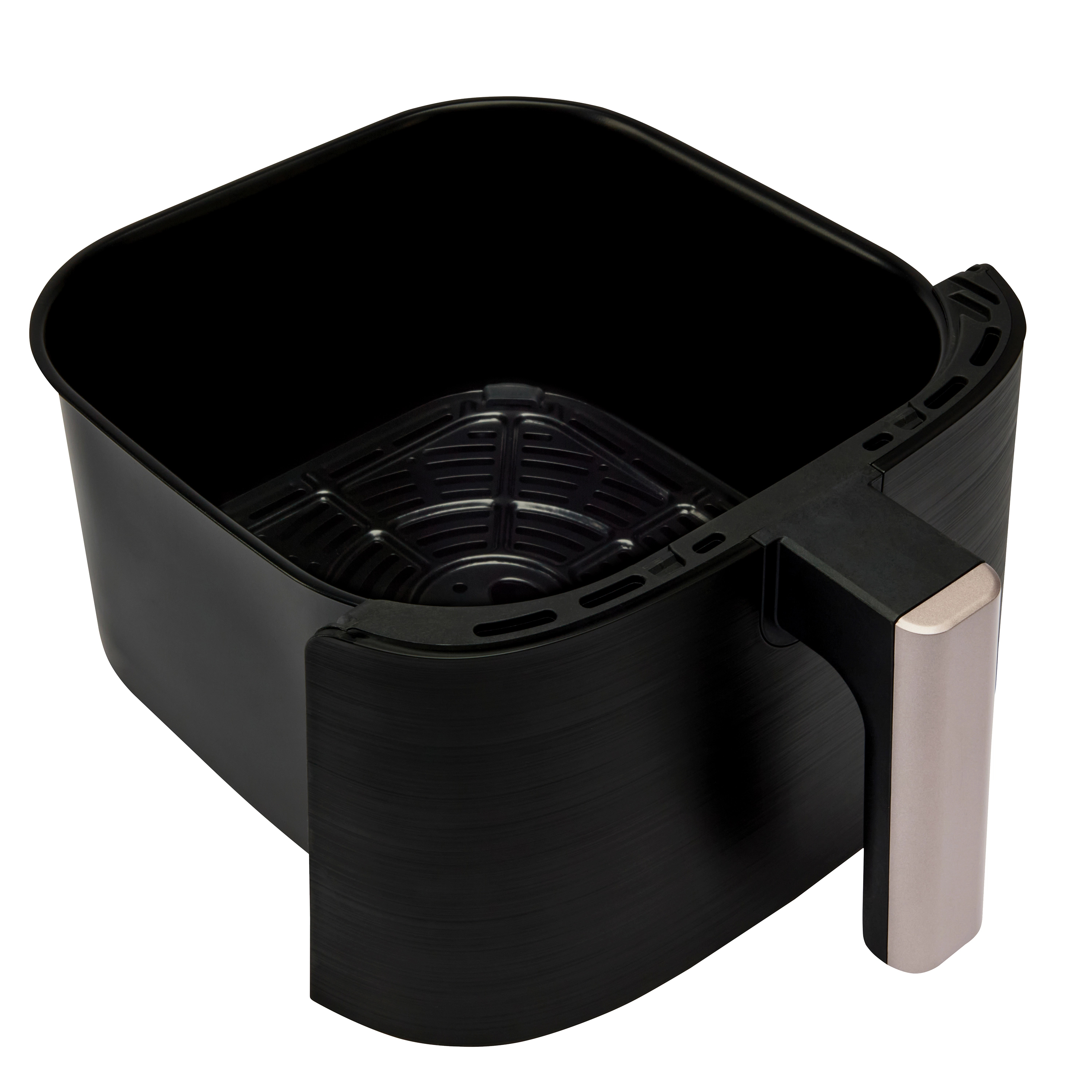 Czarny kosz do frytkownicy powietrznej ze srebrnym uchwytem, otwarty i pusty.