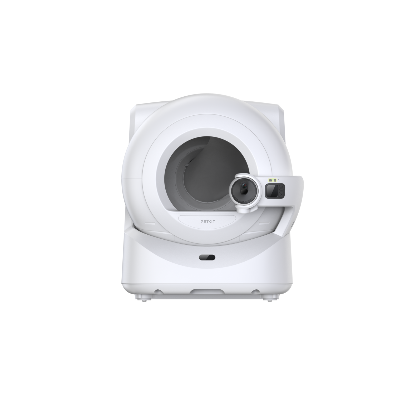 A white PETKIT self-cleaning cat litter box with a dark background.