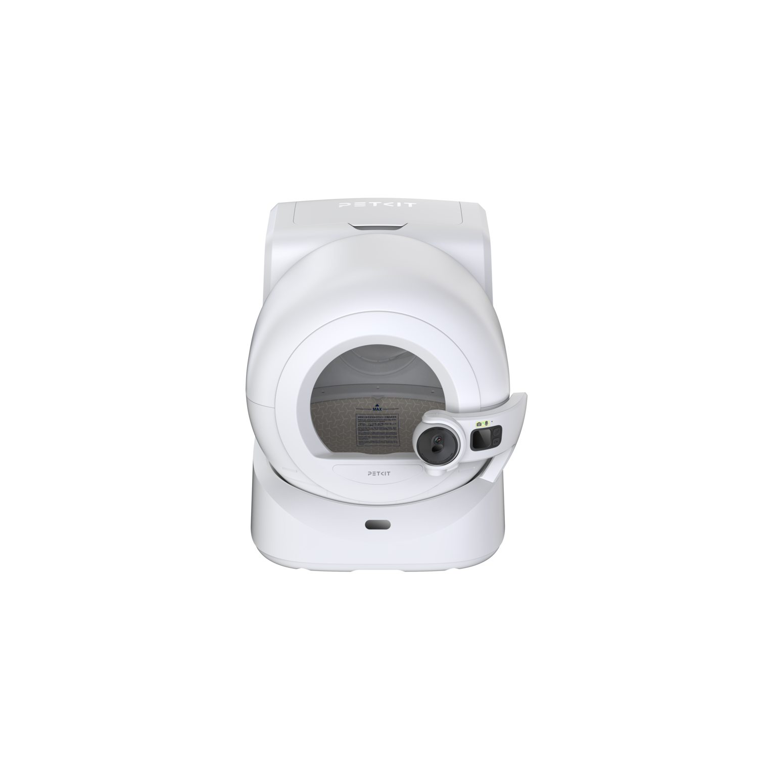 White pet litter box on a black background. It has a round design.