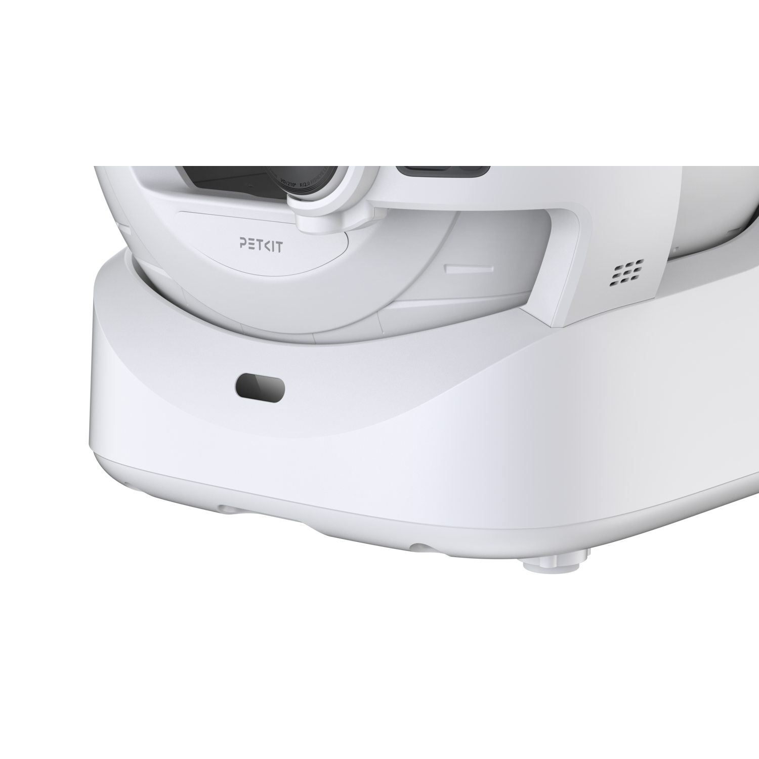 A close-up of a white pet litter box, showing the base and the bottom.