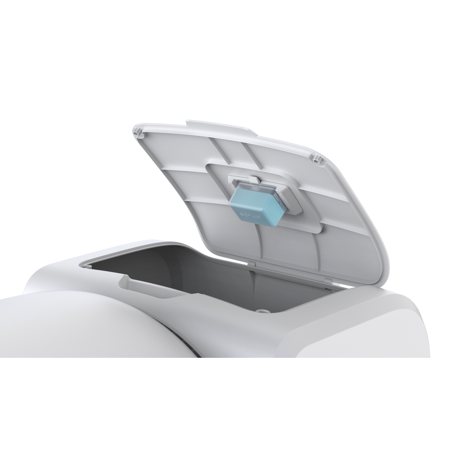 White device, open lid, reveals a light blue square inside.