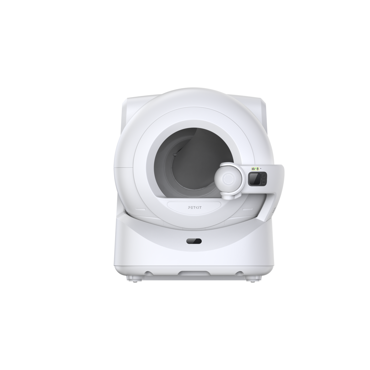 Een witte, ronde PETKIT zelfreinigende kattenbak op een zwarte achtergrond.