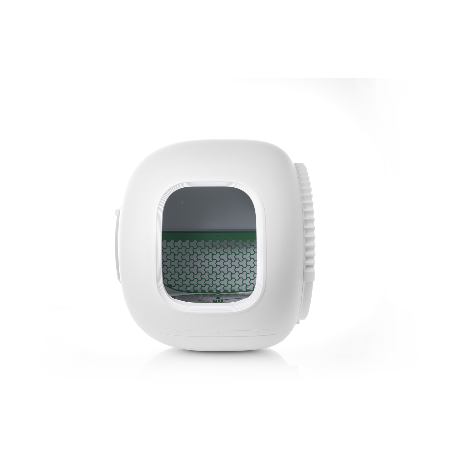 White, rounded device with a green filter.