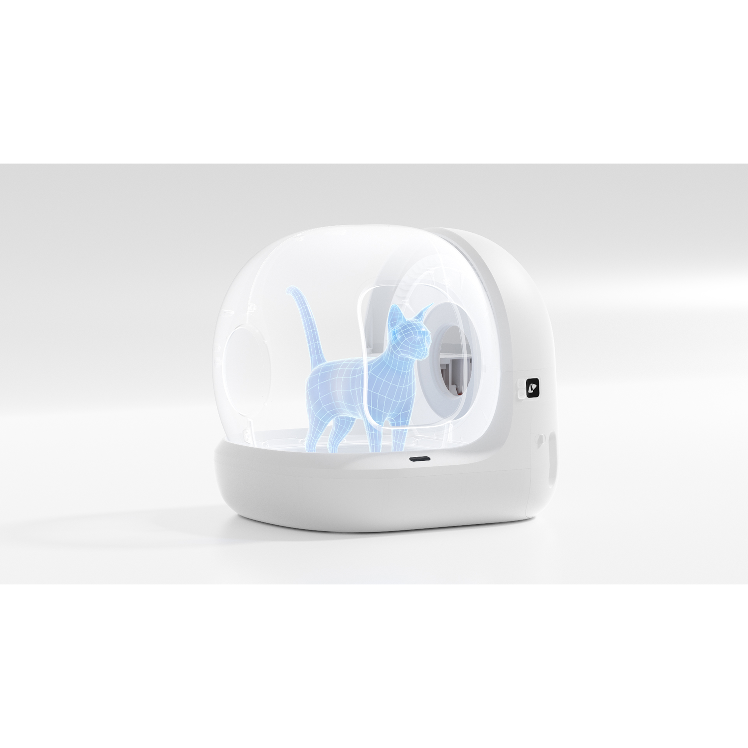 White cat house with a blue cat outline inside.