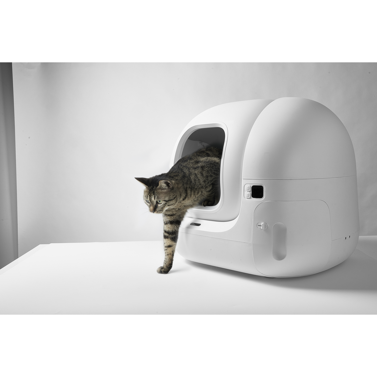 A tabby cat exiting a white, modern cat litter box.