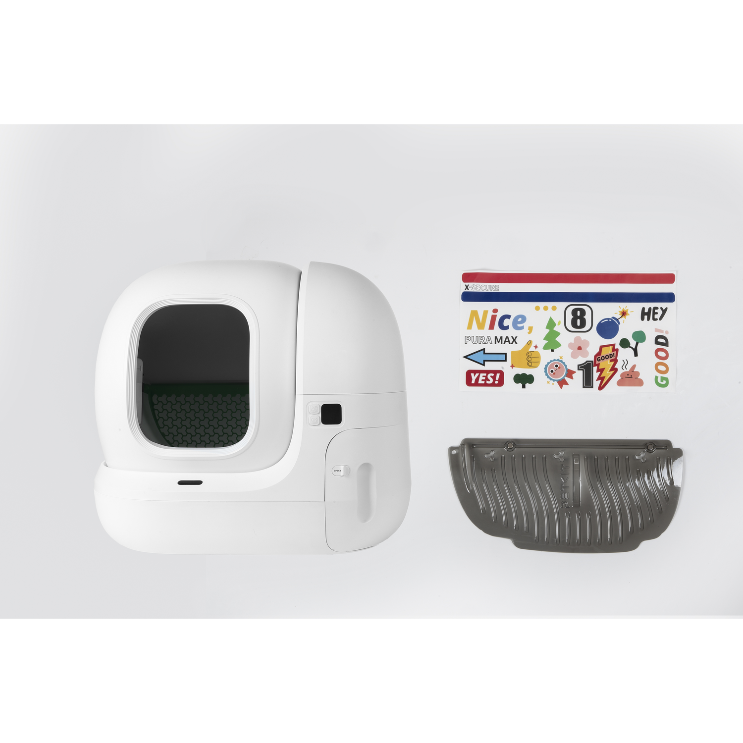 A white automatic cat litter box with stickers and a gray litter tray.