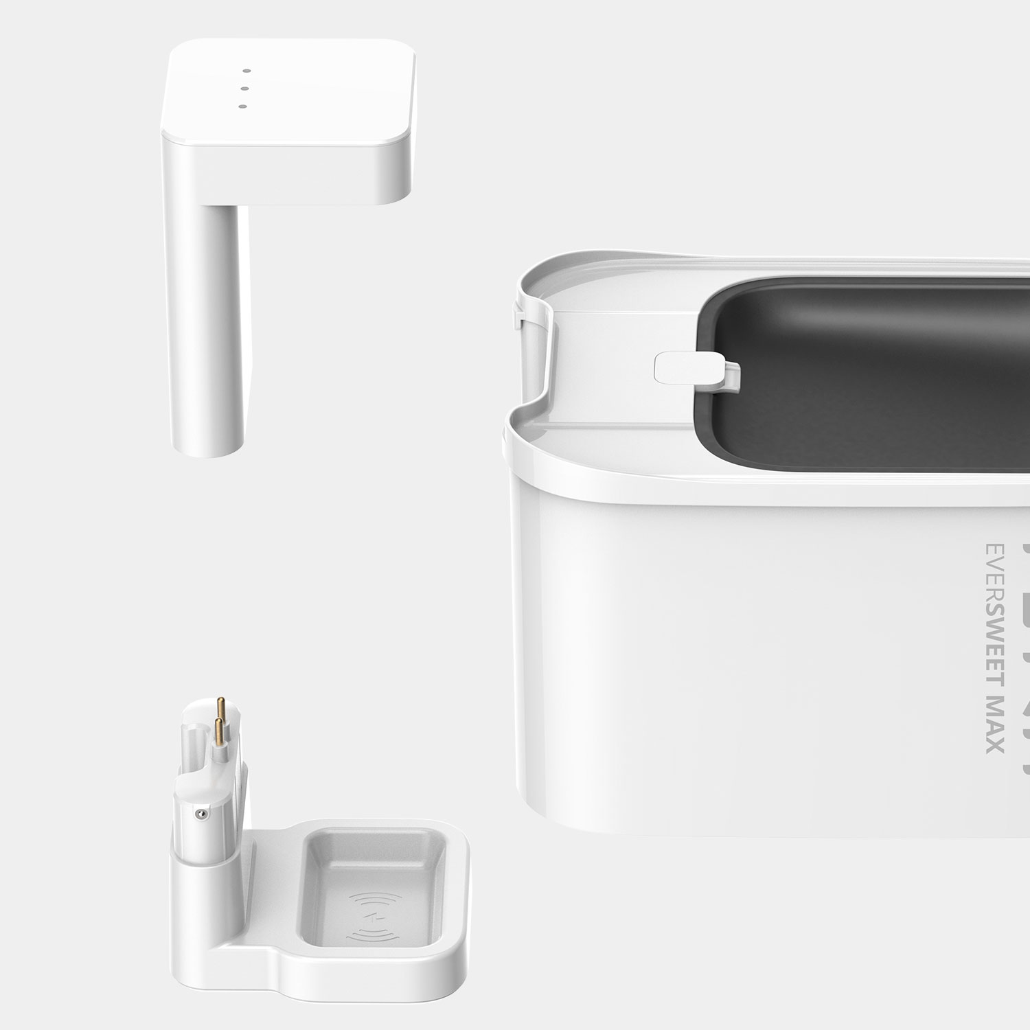 Three white parts of a device, possibly a water dispenser or similar, on a white background.