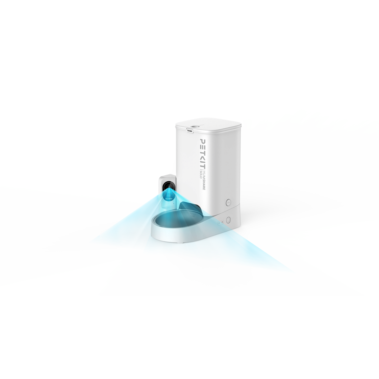A white pet feeder with blue light projections. The bowl and feeder are visible.