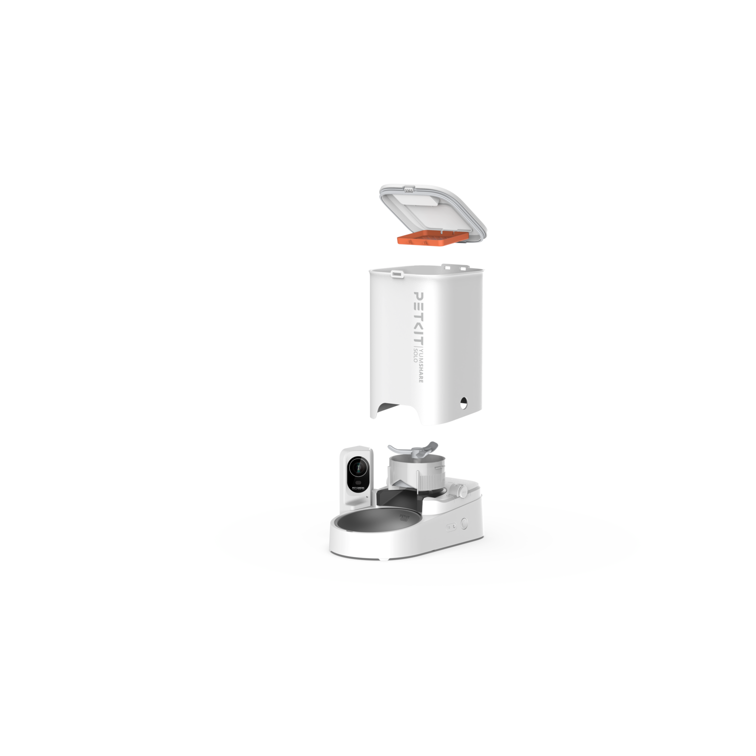 A white pet feeder is disassembled, showing the components. The feeder is on a white surface.