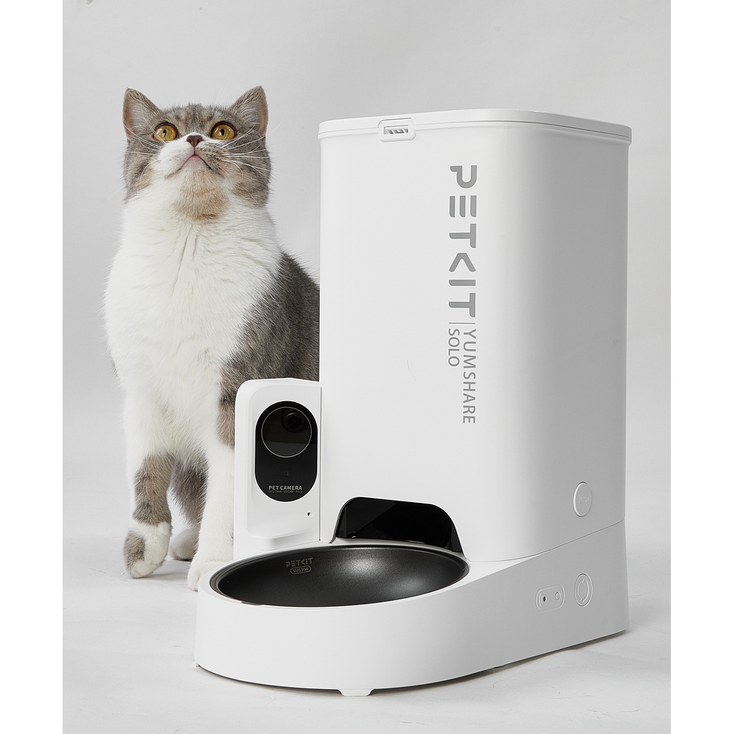 A cat looking up near a white PETKIT Solo food dispenser with a camera.