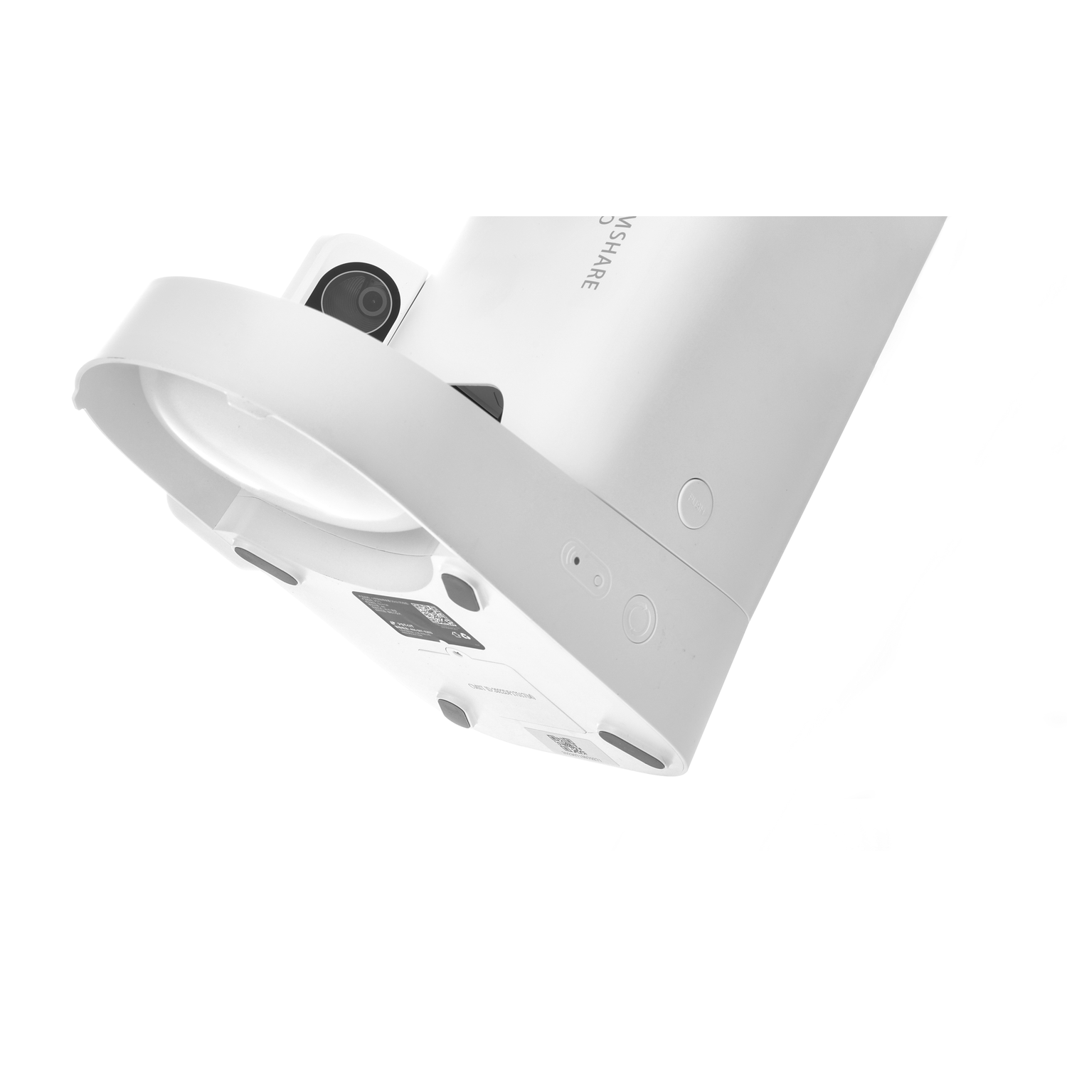 White device underside with buttons and details.