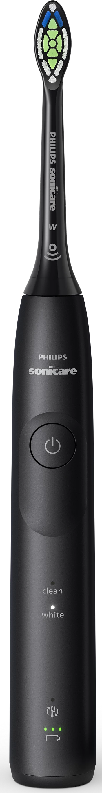 Spazzolino elettrico nero con testina bianca. Ha pulsanti e il logo Philips Sonicare.