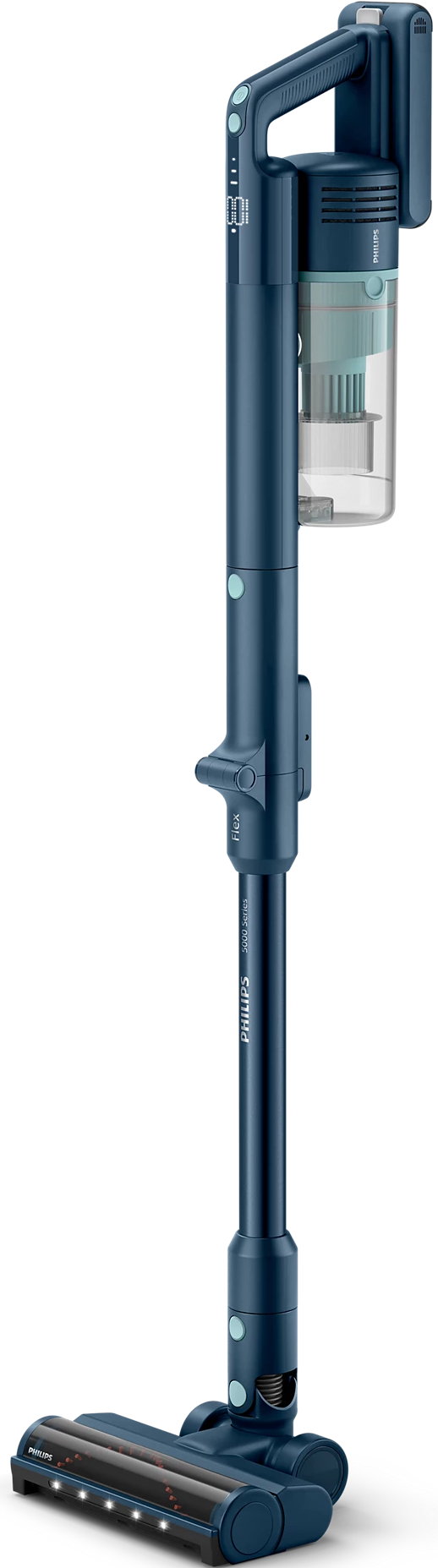 Ein blauer und grauer Philips Akku-Staubsauger, in vertikaler Position gezeigt.