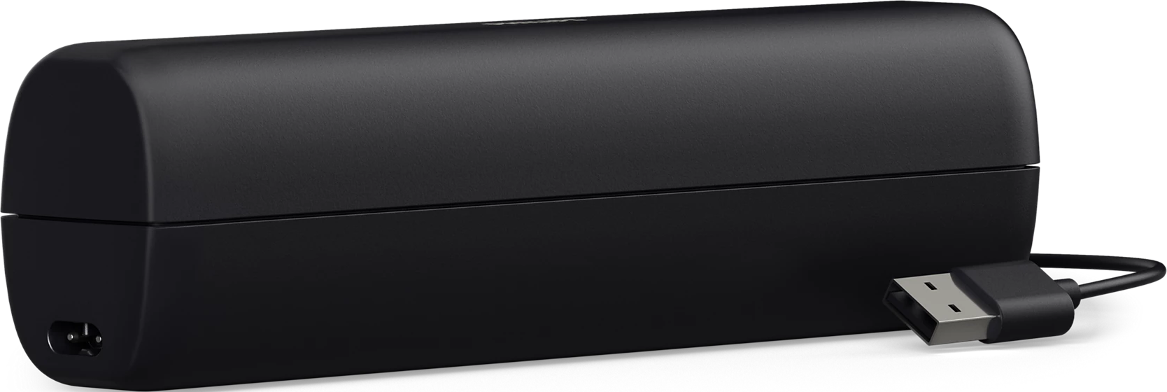 Ein schwarzes, rechteckiges Gerät mit USB-Anschluss. Der Hintergrund ist schwarz.