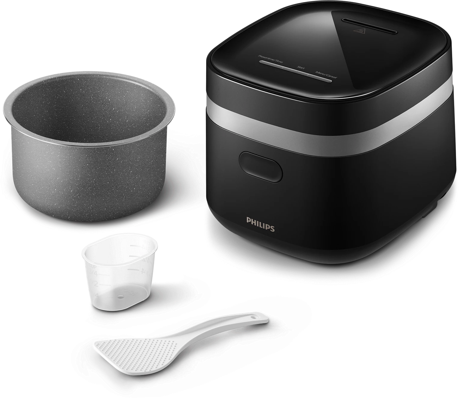Una cuociriso Philips nera con accessori, tra cui un misurino e una spatola.