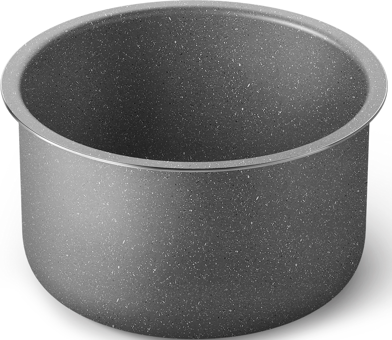 Una pentola grigia con un design maculato, su sfondo nero.