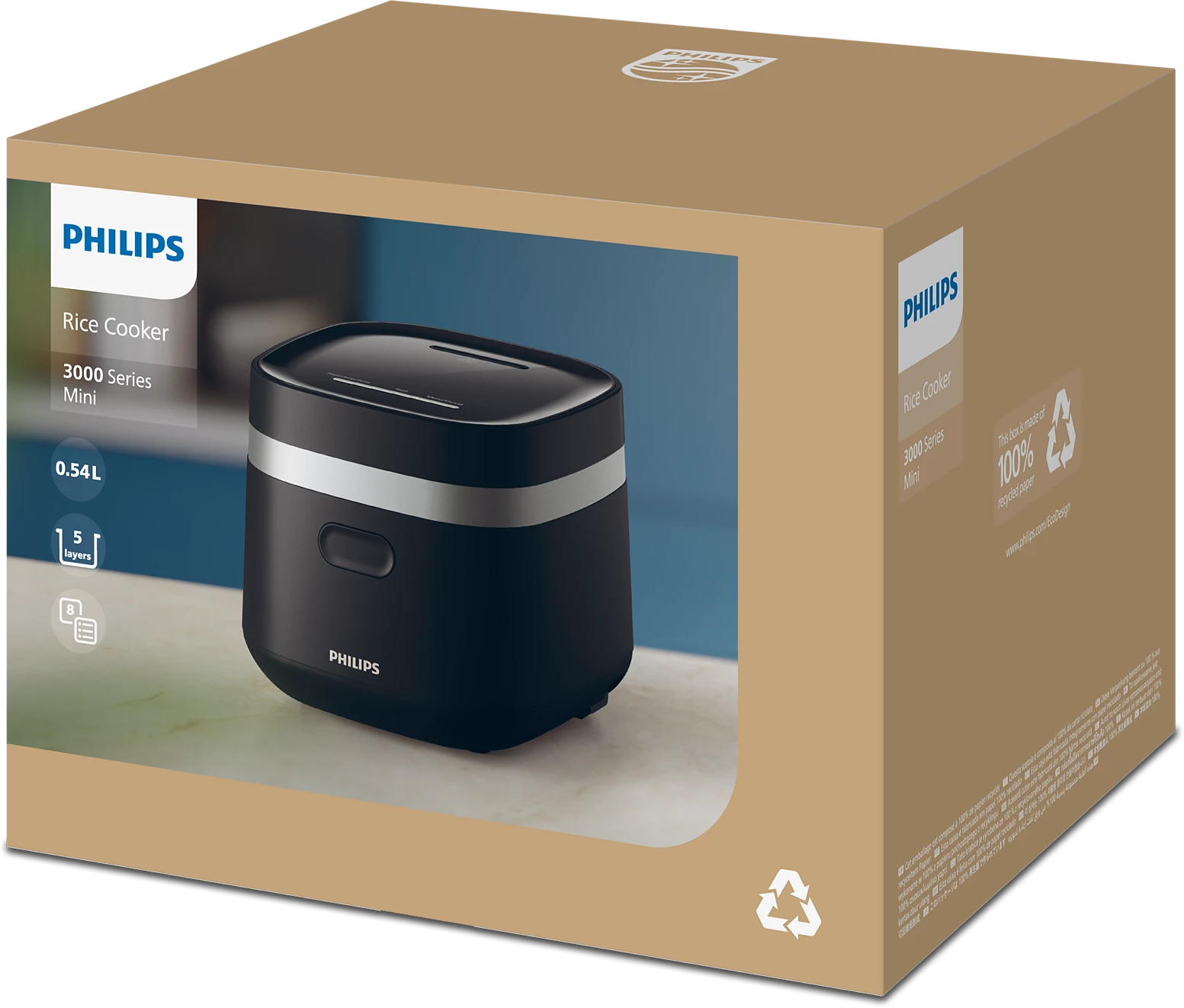 Scatola con cuociriso Philips all'interno. La scatola è marrone e ha dettagli.