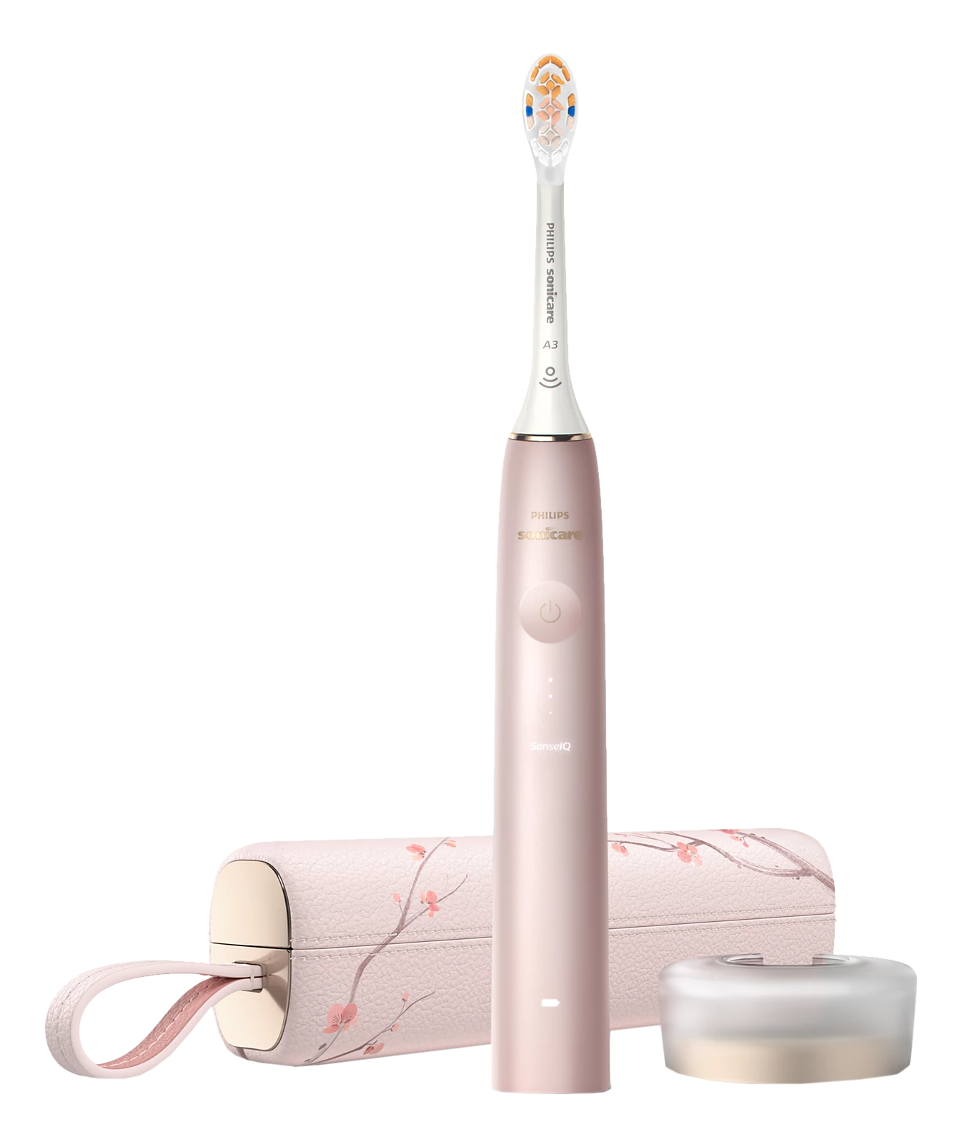 Rosa Philips Sonicare Zahnbürste, Etui und Ladestation. Weiße und rosa Akzente.