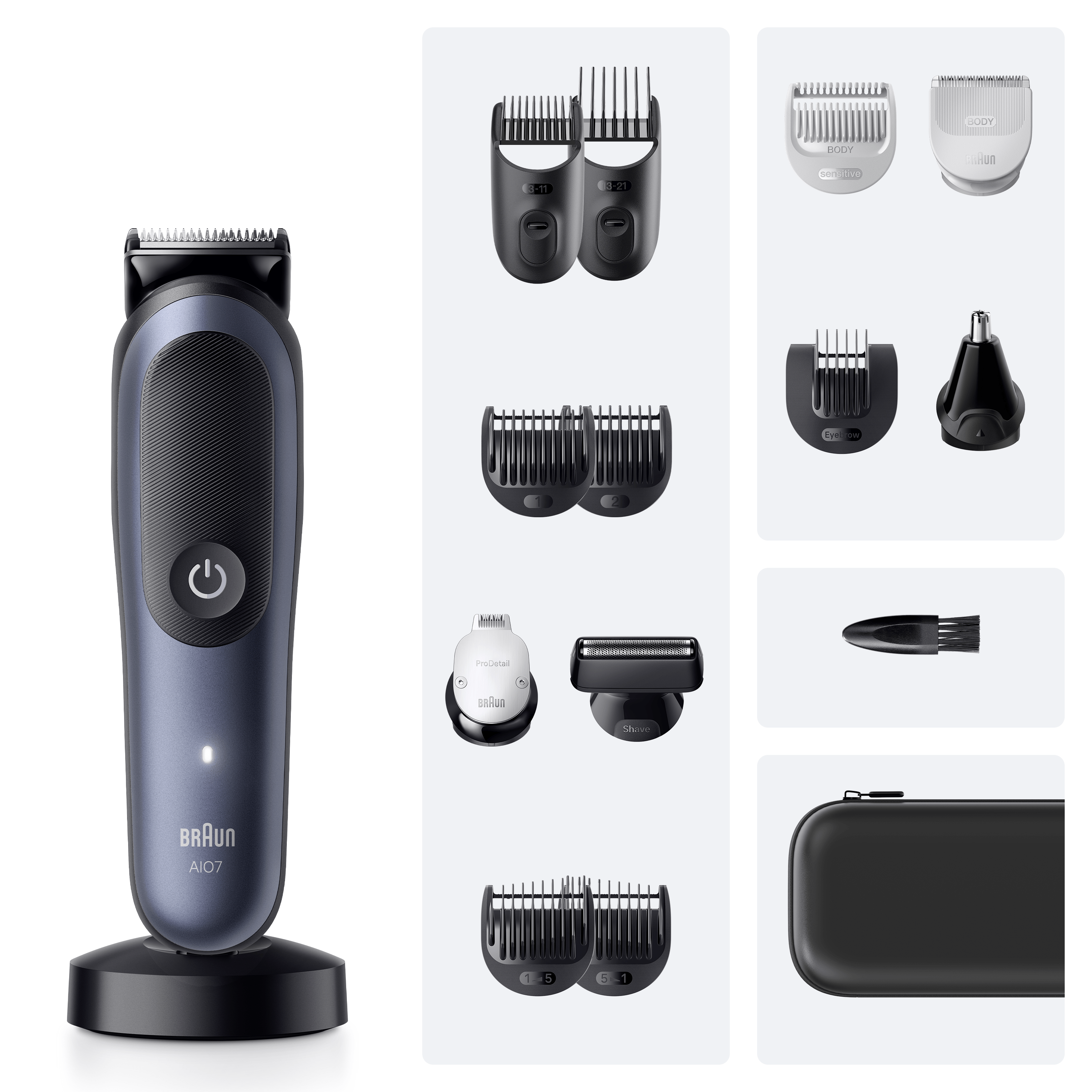Una recortadora de barba inalámbrica con accesorios.