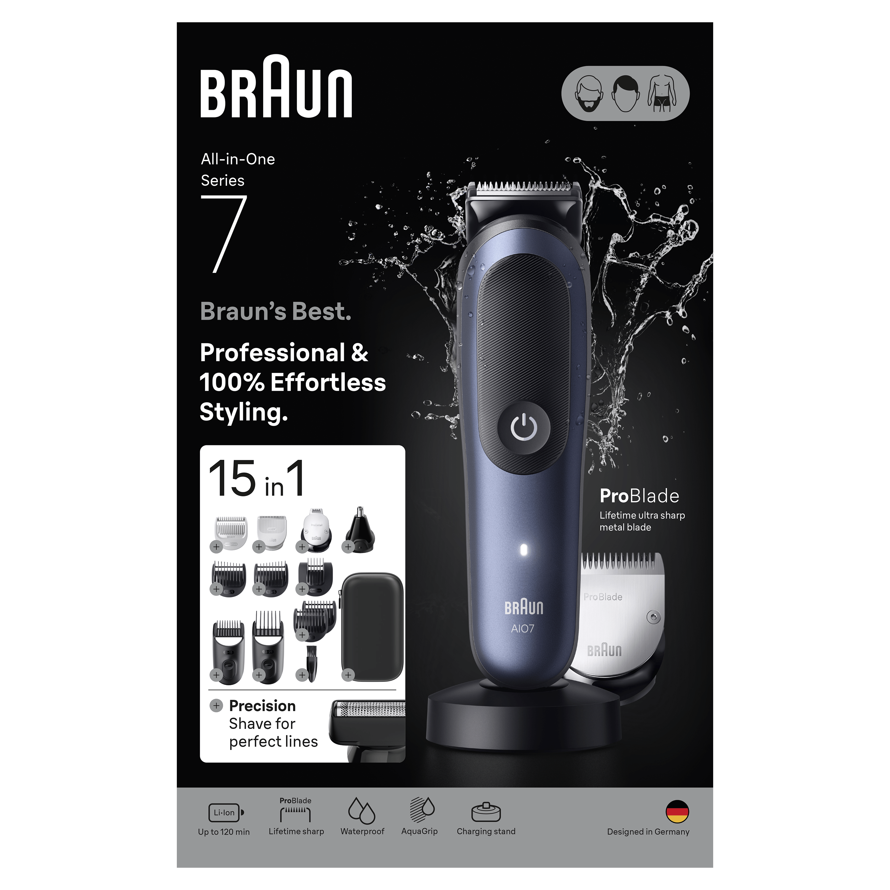 Kit de aseo Braun todo en uno. Incluye recortadora, base de carga y accesorios, sobre fondo oscuro.