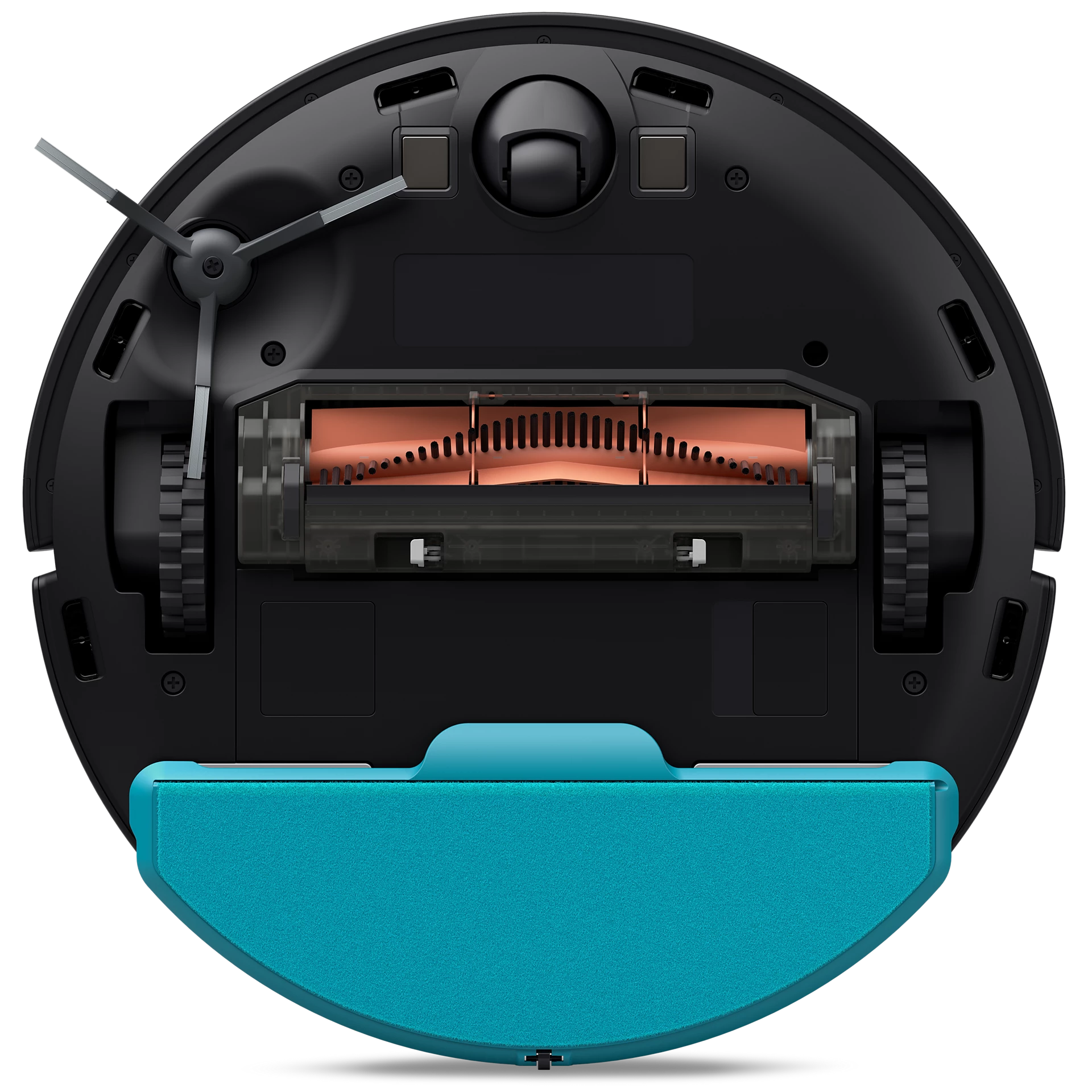 Sotto di un aspirapolvere robot, nero con contenitore turchese. Include spazzole, rulli e ruote, su sfondo nero.