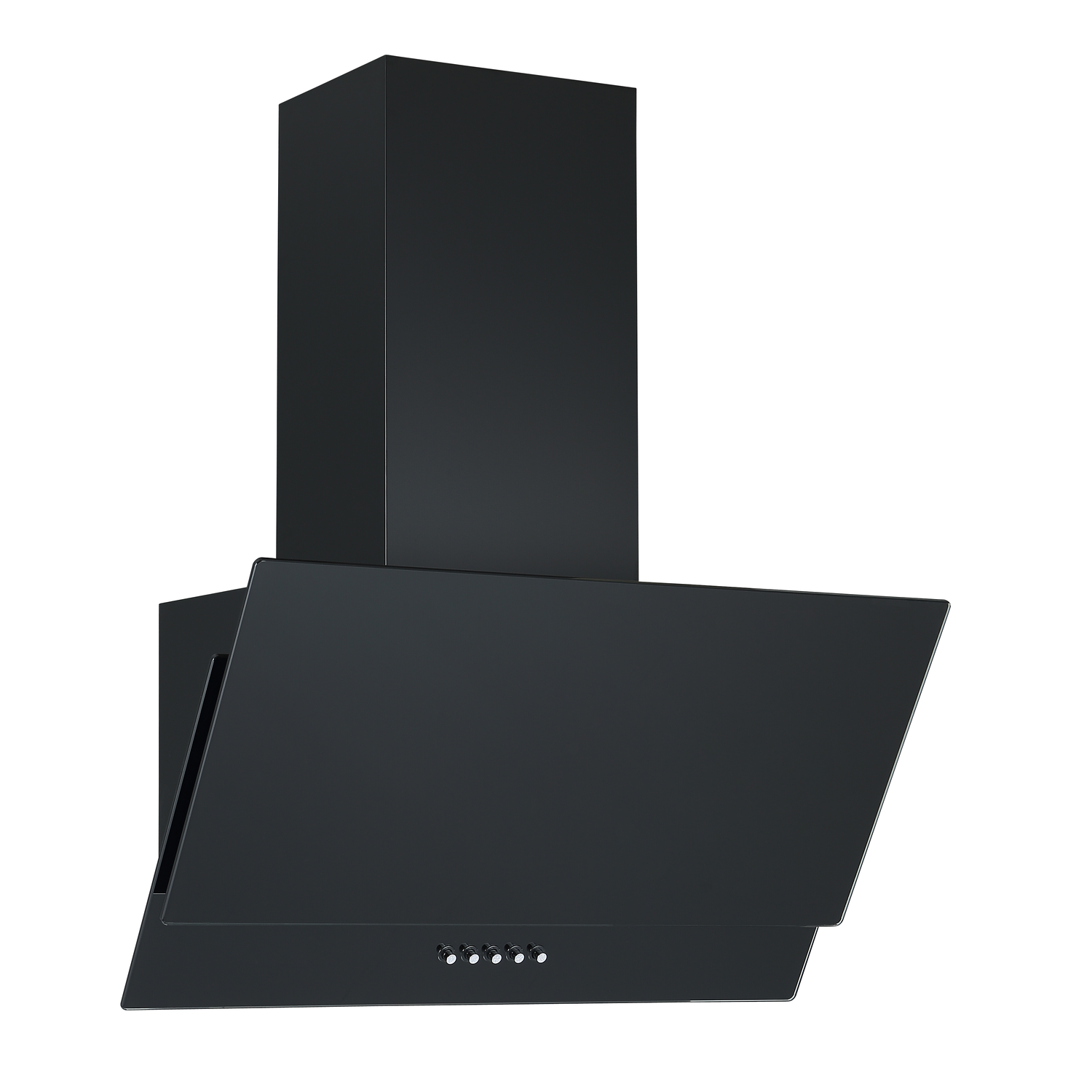 Black kitchen hood against a white background. It has a slanted front and rectangular chimney.