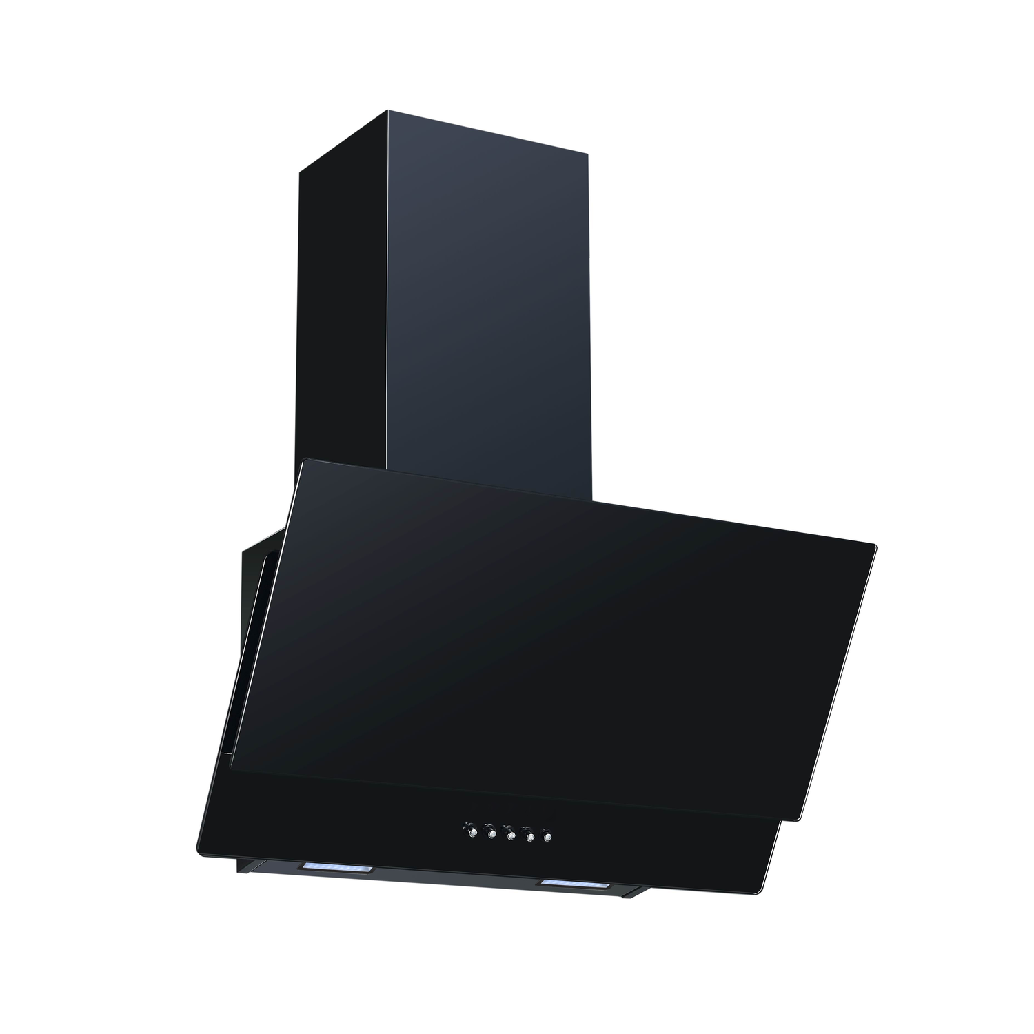A black range hood on a white background. It has a rectangular shape and a slanted front.