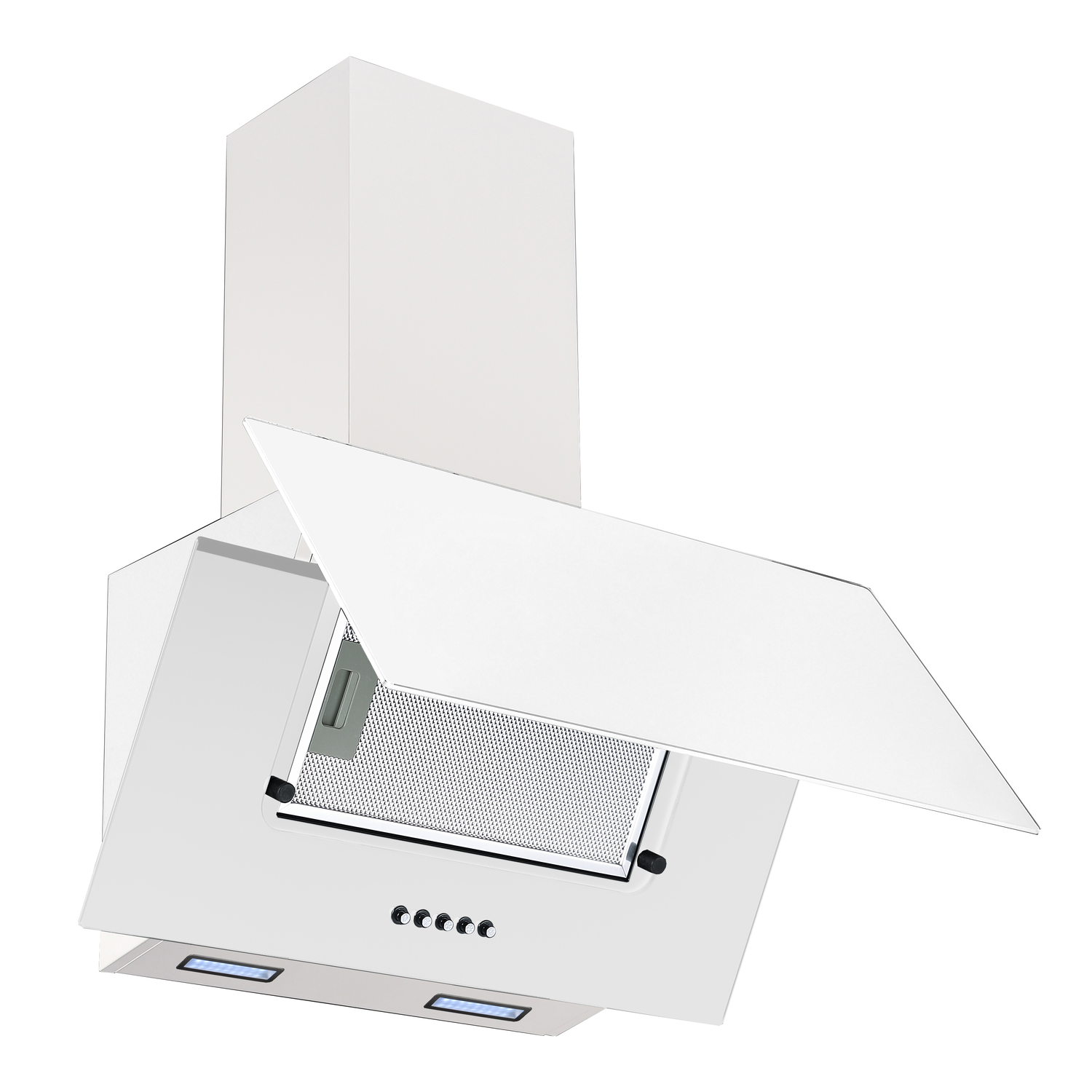 White kitchen hood with open glass panel. Features a mesh filter, control buttons, and two lights.