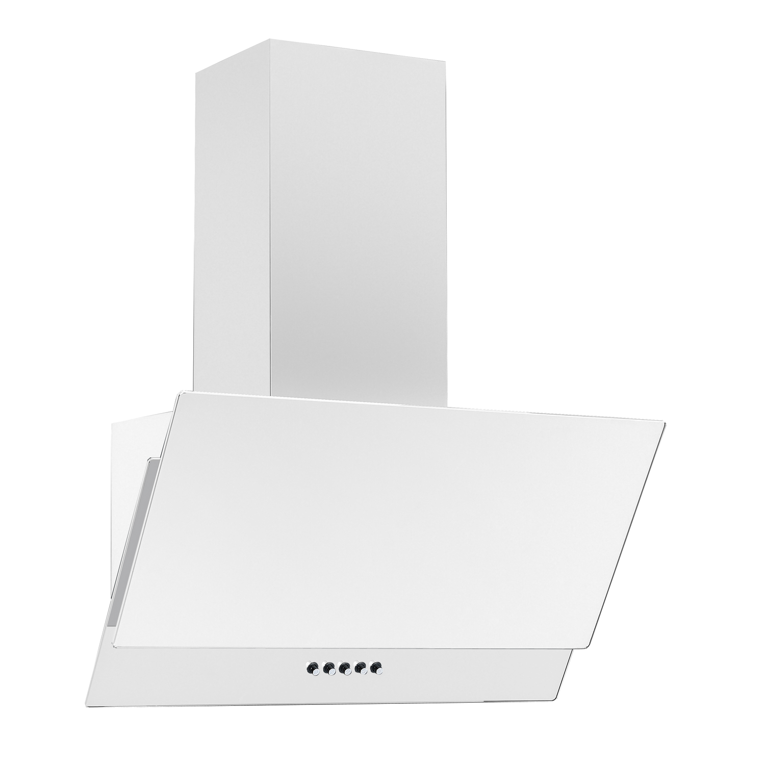 White kitchen hood with glass front. It has 4 buttons and a rectangular chimney.