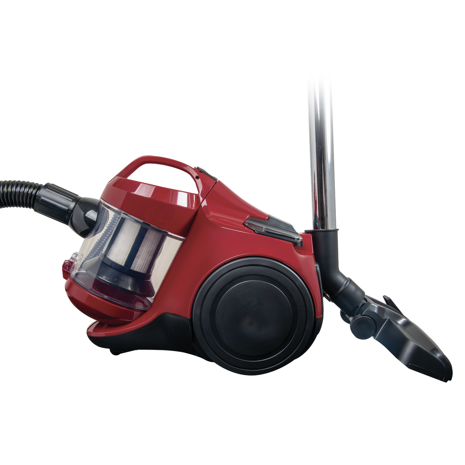 A red and black vacuum cleaner on a white background. The vacuum has a clear dust container, a handle, and a hose.