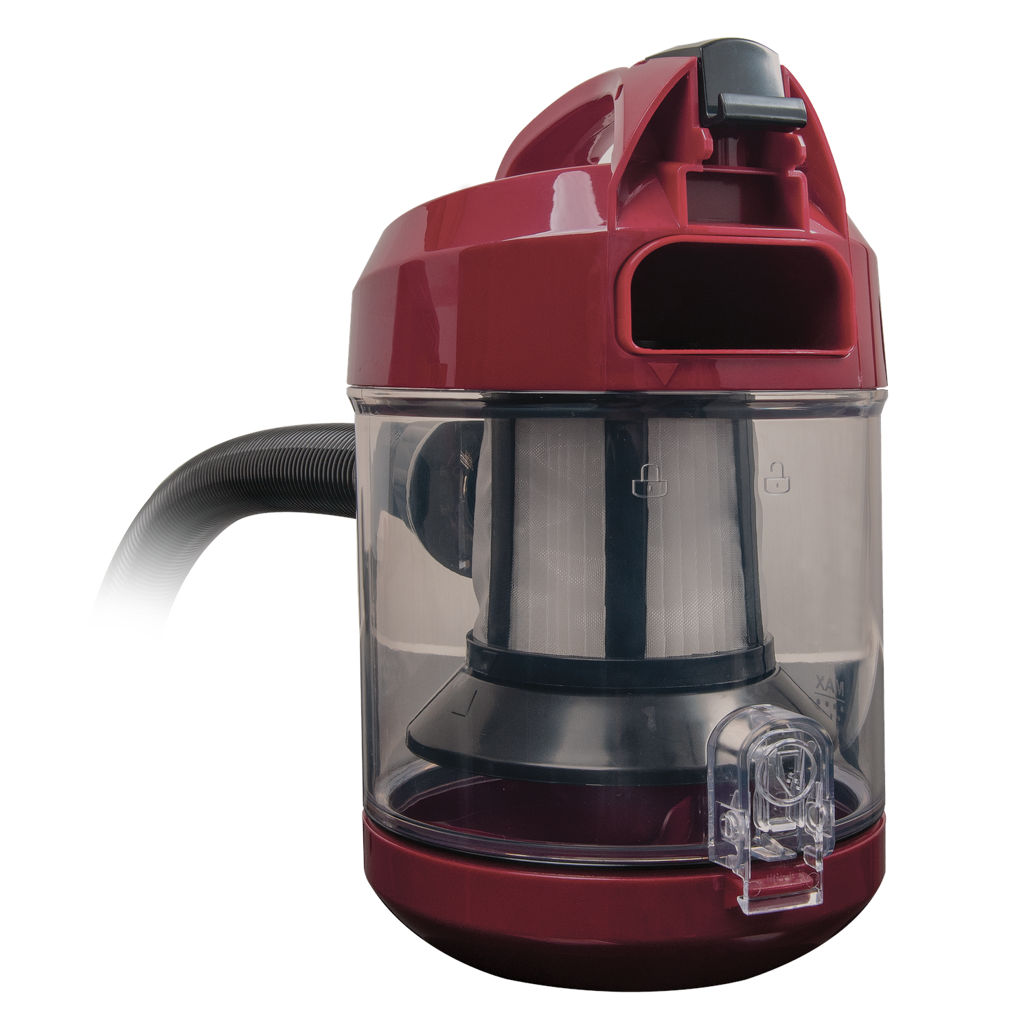 A maroon and clear vacuum cleaner. It has a handle, a hose, and a transparent container with a filter inside.